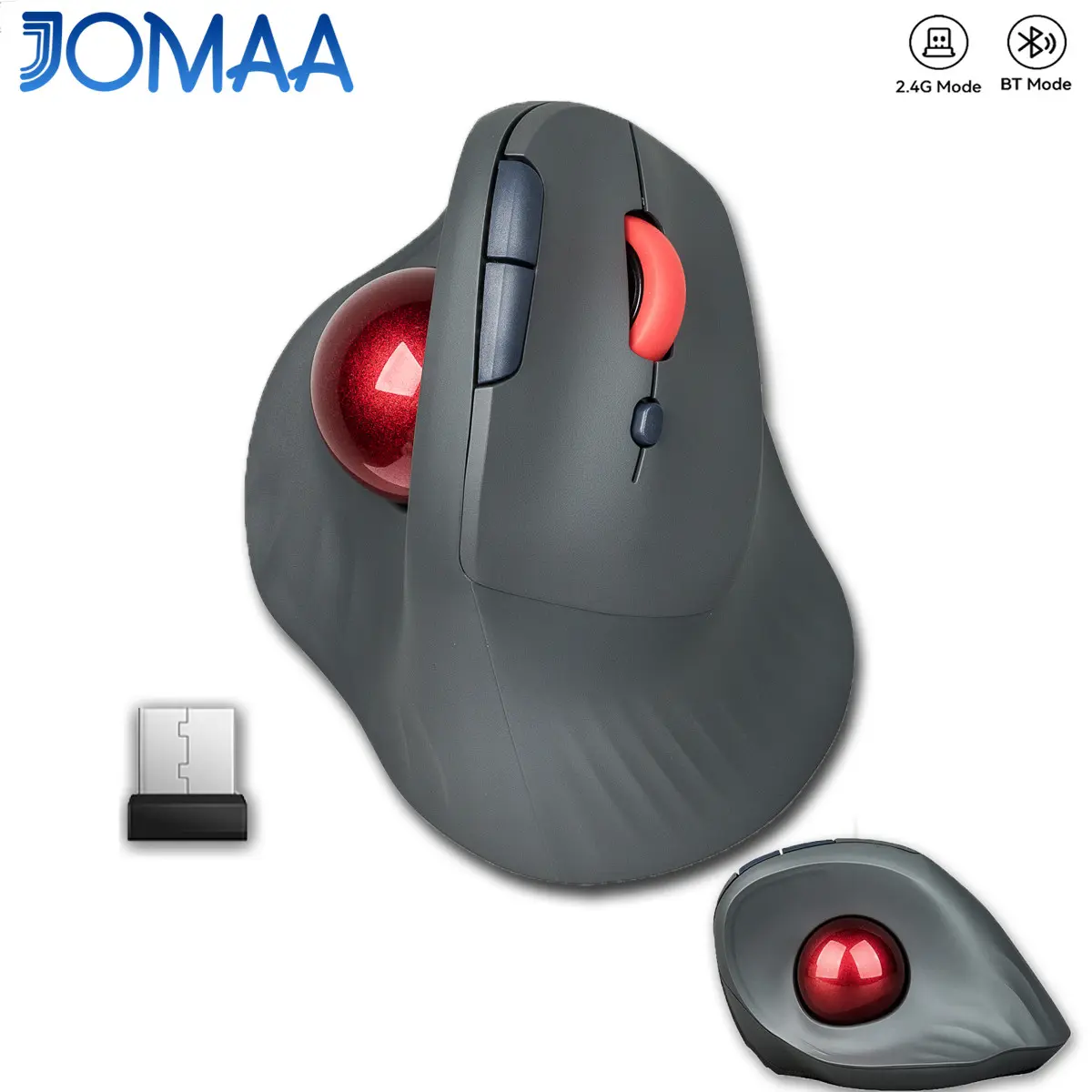 JOMAA Ergonomic Wireless Vertical Mouse,Rechargeable Bluetooth5.0 & 2.4G Dual Mode Wireless Trackball Mouse,1600DPI Adjustable Wireless Mouse for Window/Mac OS-Grey/Black