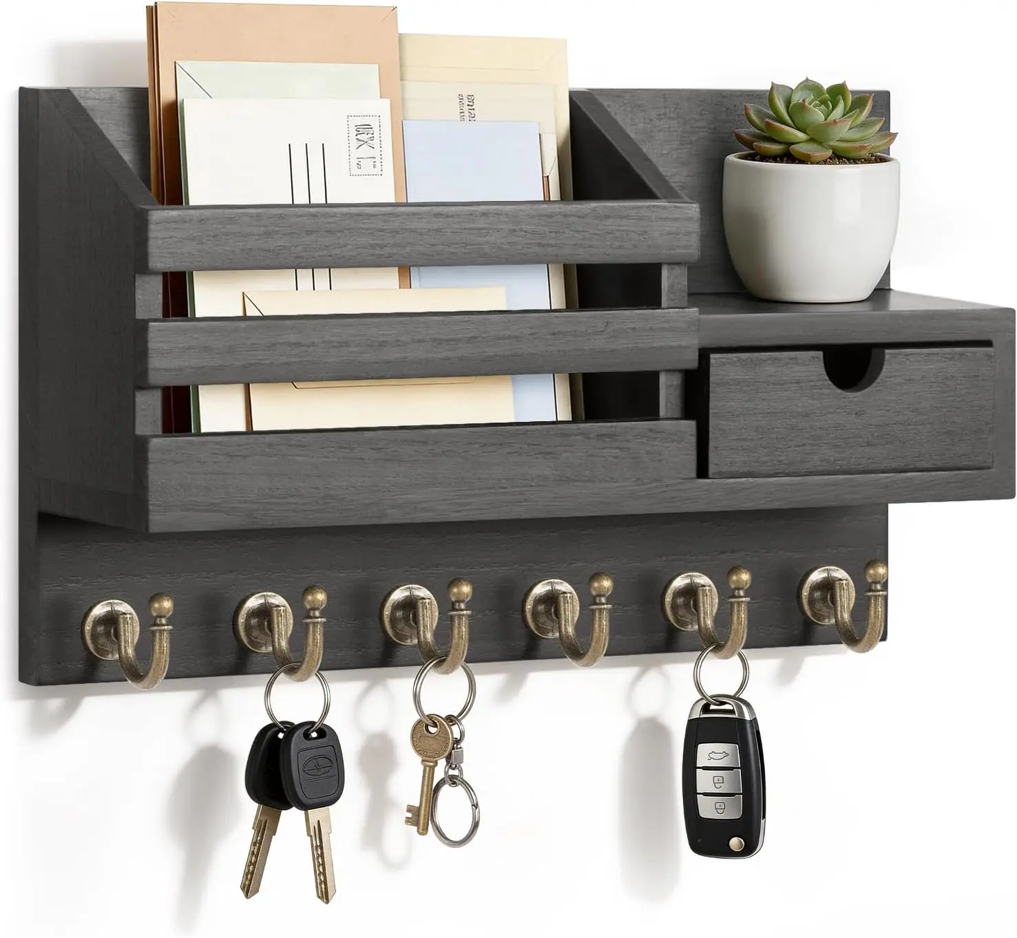 Key and Mail Holder for Wall, Mail Organizer Wall Mount with 6 Hooks and Storage Drawer, Easy Installation Key Rack for Entryway and Home Decor (A-Black)