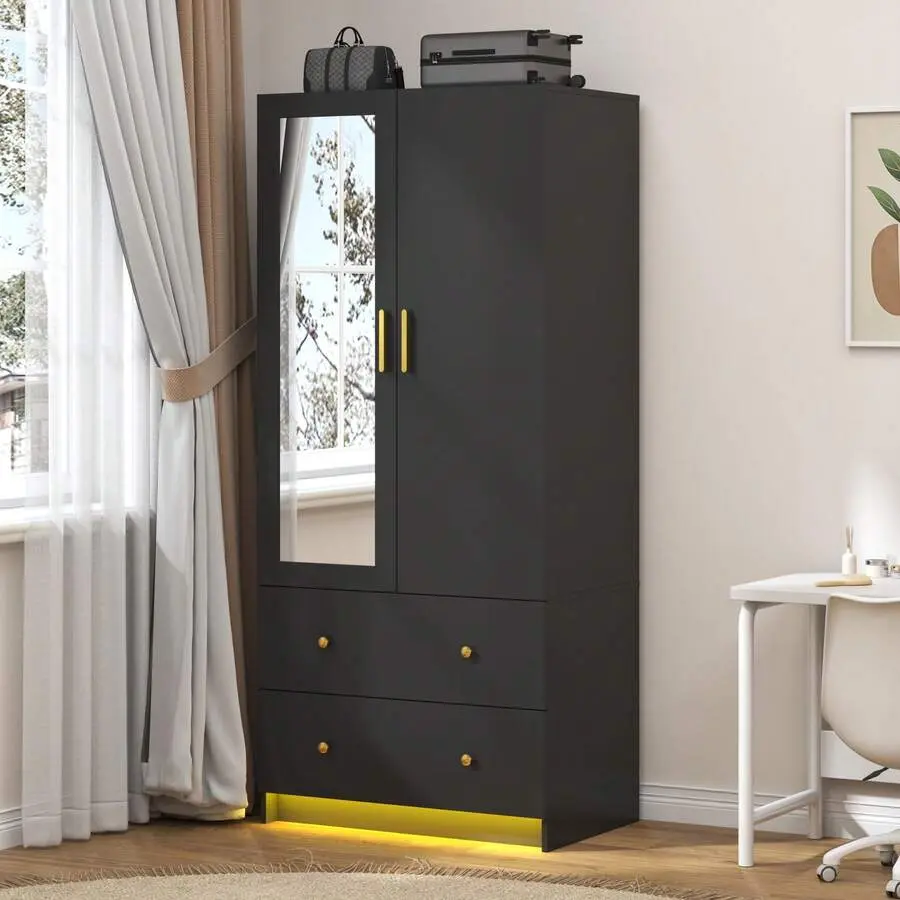 2 Door Wardrobe Closet With Mirror & LED Lights, Bedroom Armoire With Drawers & Shelves, Modern Wooden Armoire Wardrobe Closet With Hanging Bedroom