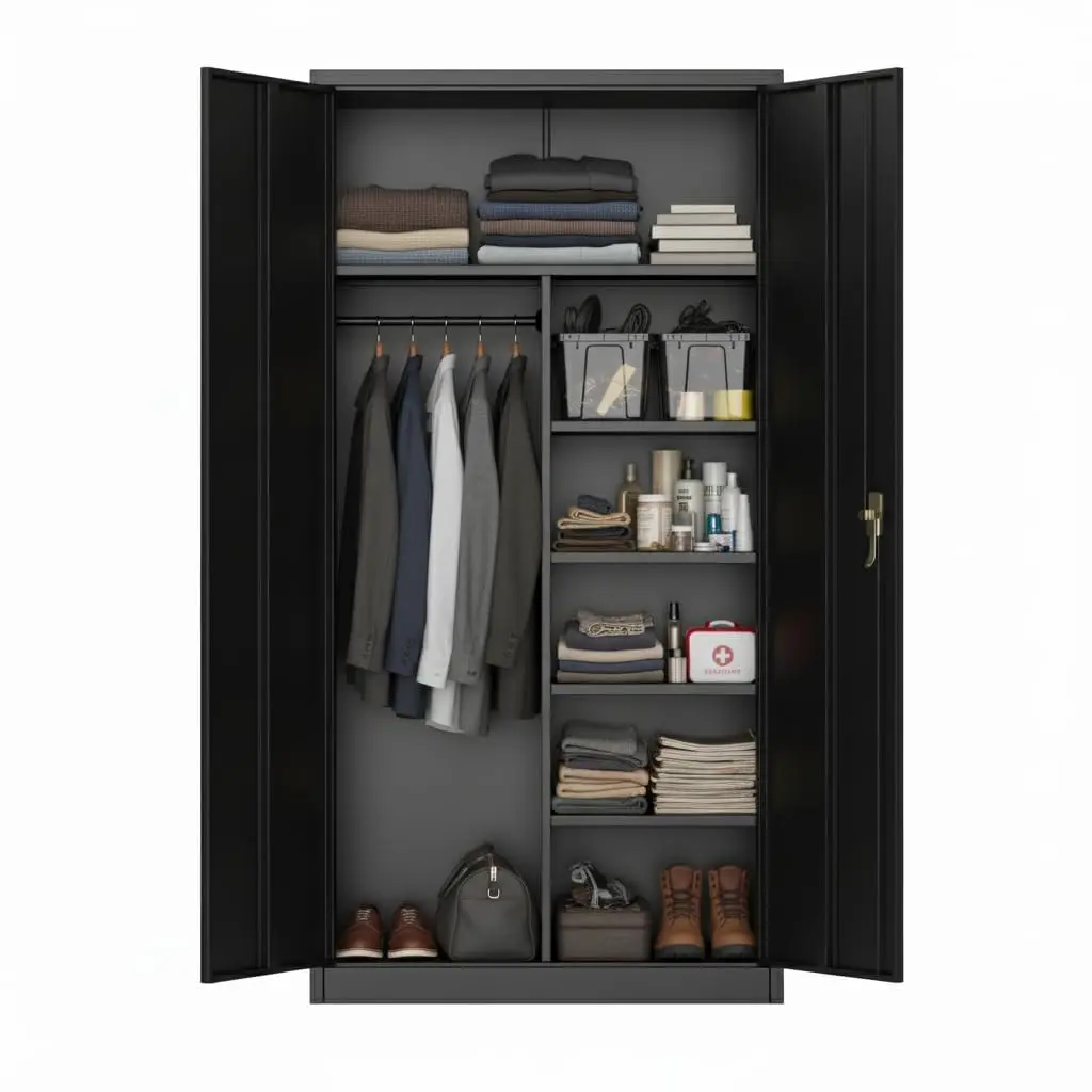 Heavy Duty Metal Entryway Storage Cabinet – Lockable Freestanding Wardrobe Locker with Adjustable Shelves & Hanging Rod – Steel Organizer for Home, Office, Garage, Bedroom