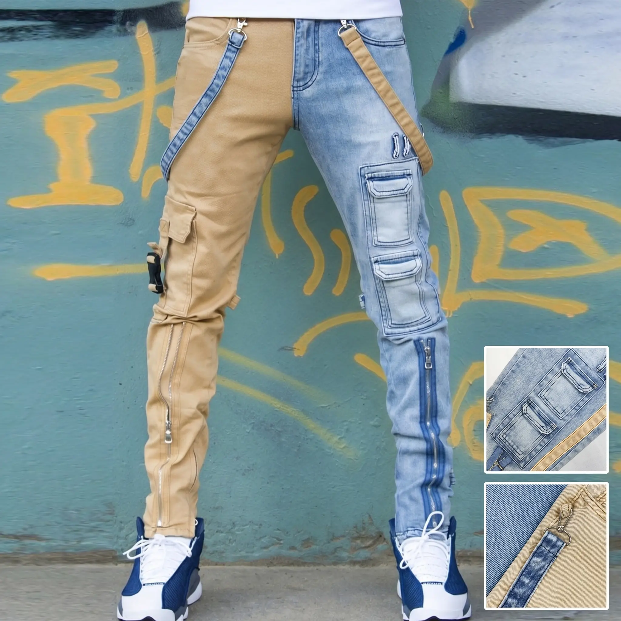 Men's Asymmetrical Two Tone Patchwork Slim Fit Skinny Cargo Denim Jeans With Side Zippers Decorative Suspender Straps Multi Pockets Streetwear denims Khaki Wash Casual Pants Menswear Trouser jeans for men