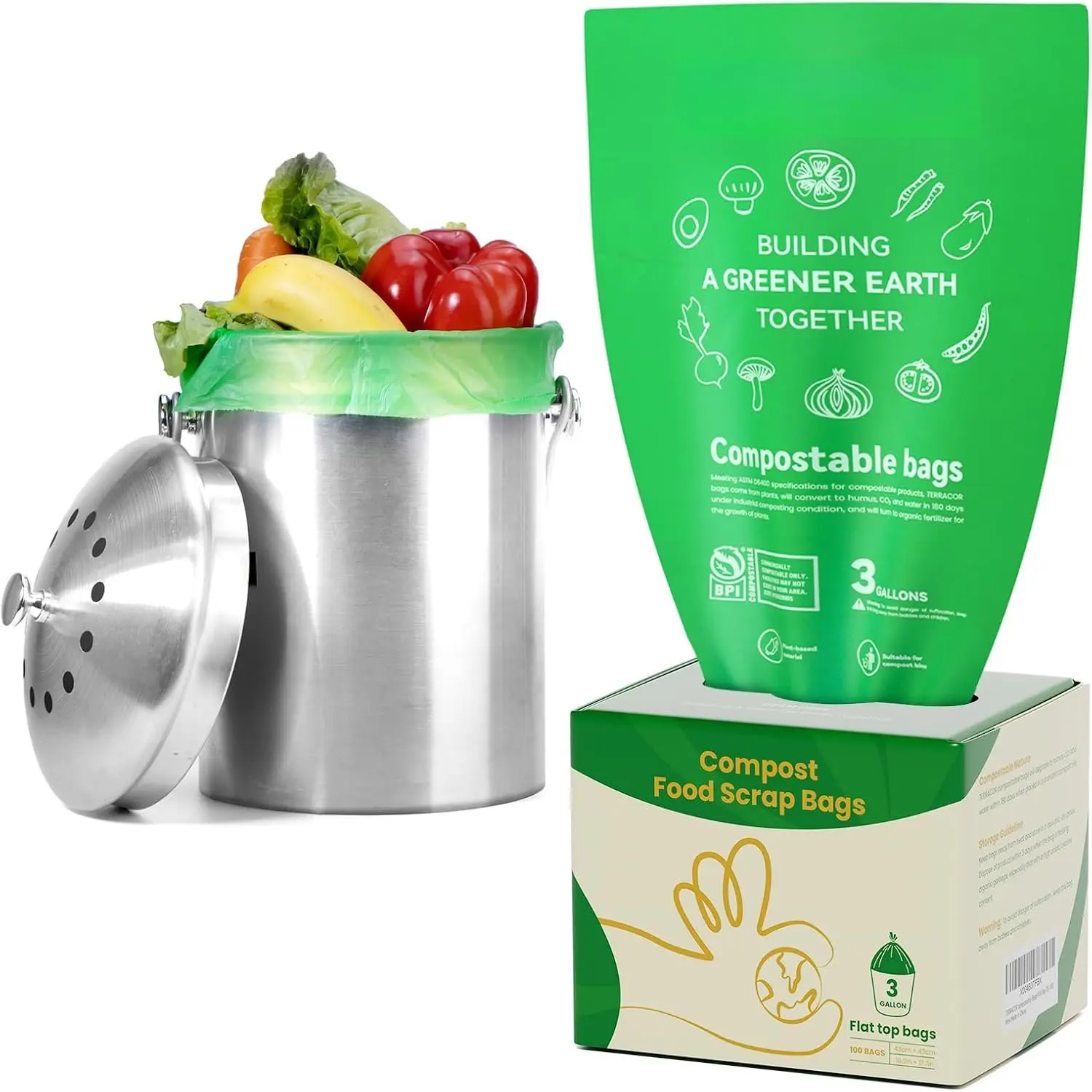 3 Gallon Compostable  Scrap Bags, 100 Bags Compost Bags for Countertop Bin, BPI Certified and Meet The ASTM D6400 Standard