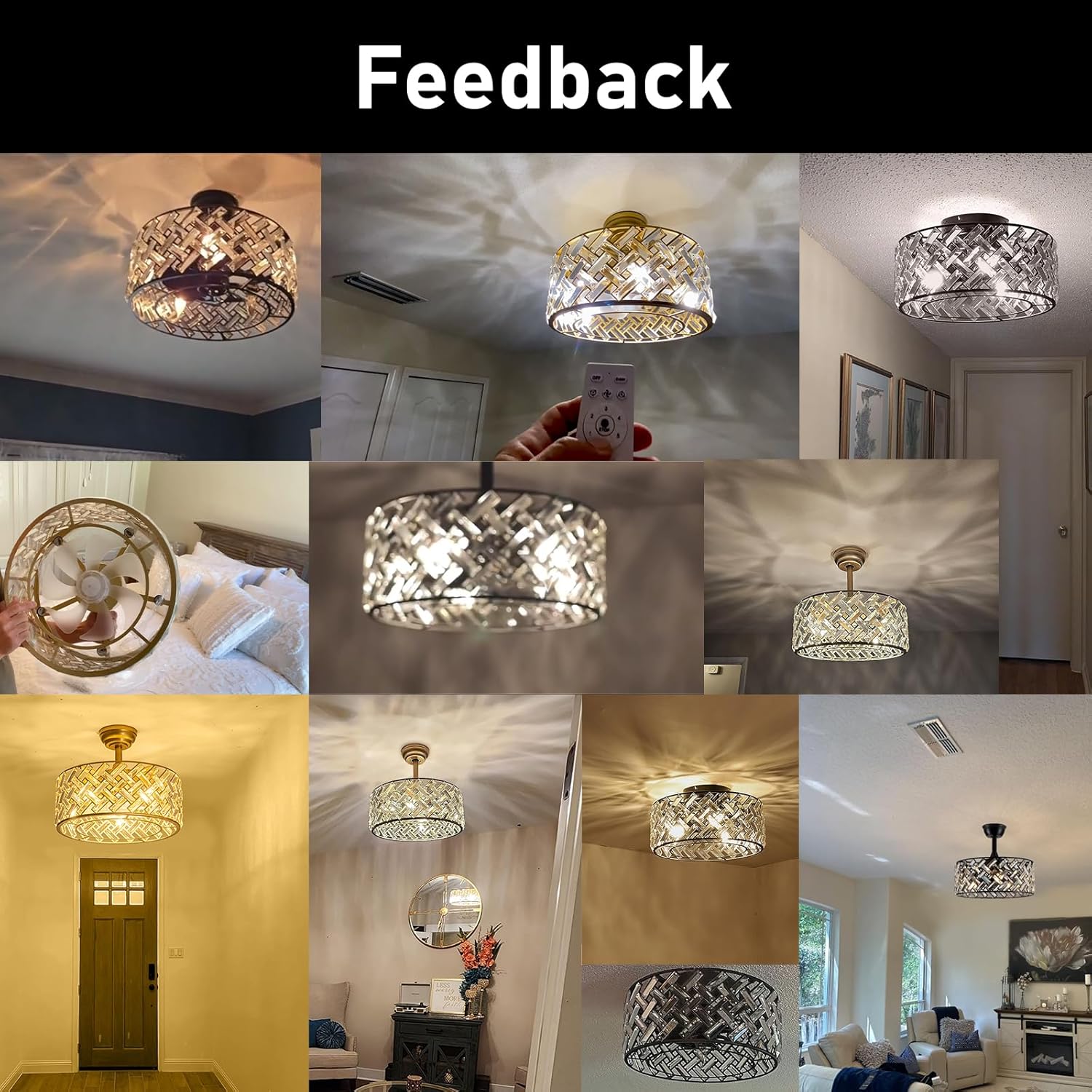 18'' Crystal Cage Ceiling Fan With Remote Control ,Quiet  Motor Fan Light ,, Indoor Crystal Chandelier Ceiling Fan For Bedroom, Living room, Dinning Room, Kids Room--Matte Black (bulbs not included.)