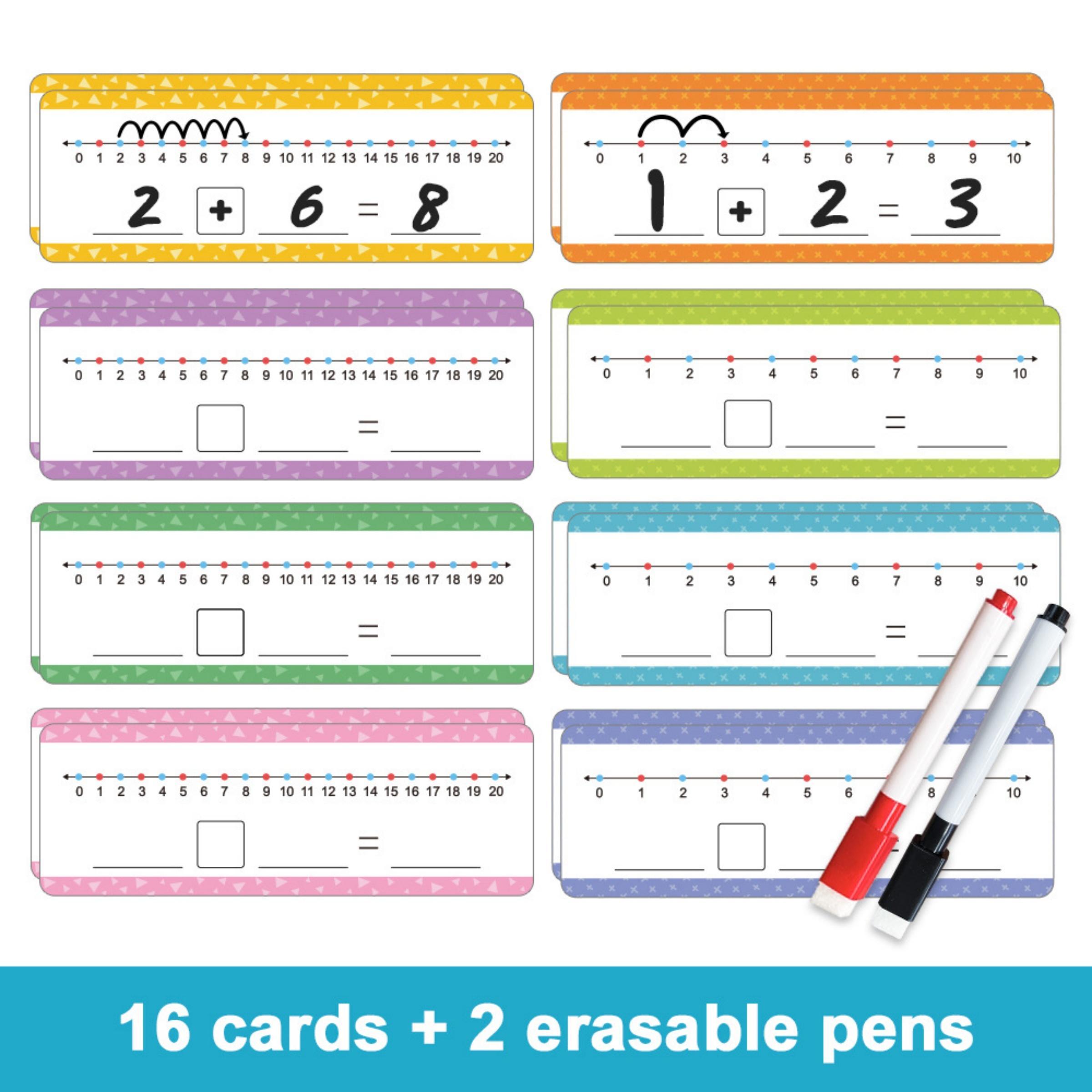 Math Addition and Subtraction Teaching Aids for Kids, 16 Writable Number Line Cards for 0-20 Practice, Includes 2 Erasable Markers, Math Learning Tools