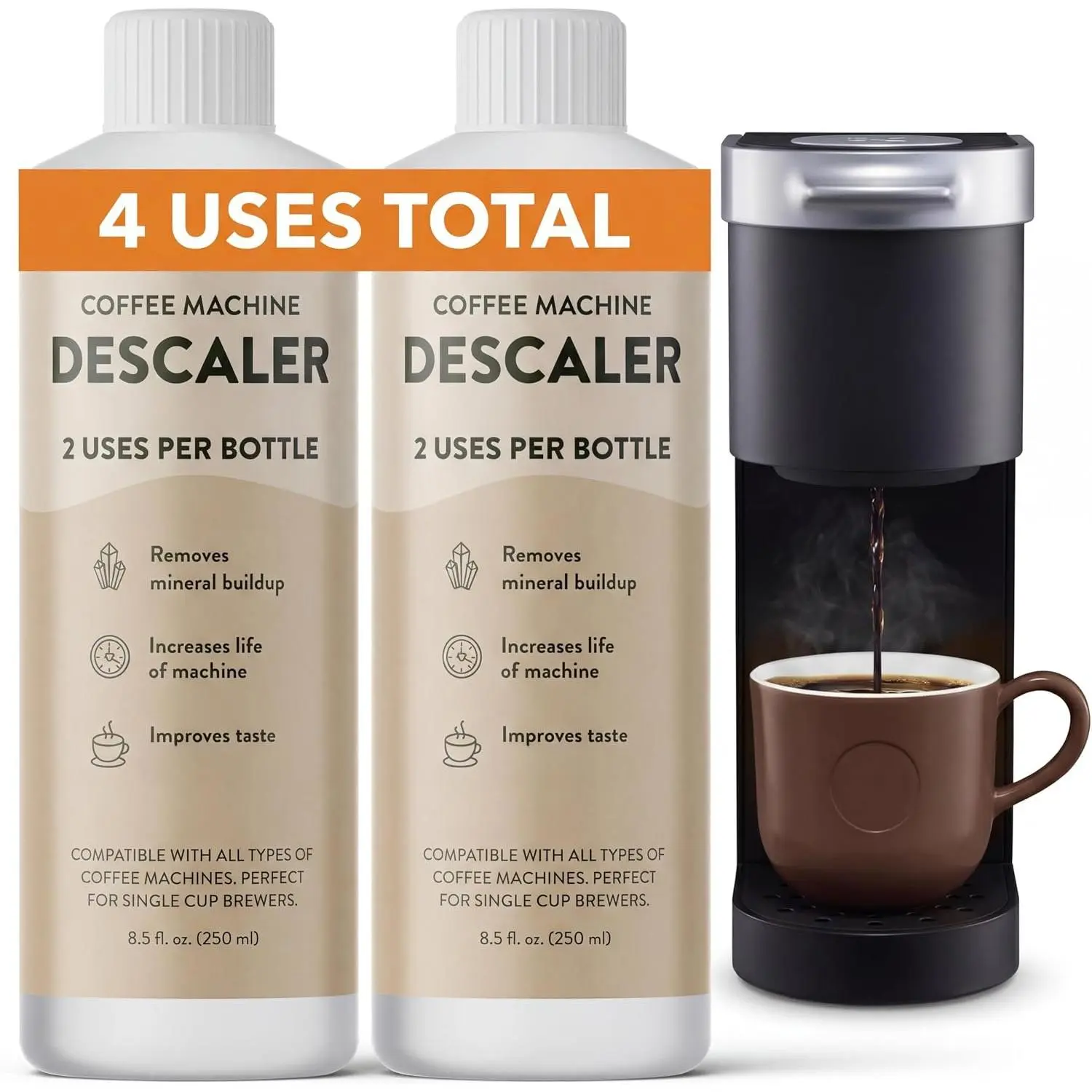 Descaling Solution for , , , DeLonghi &  (4 Uses) – Professional  Descaler & Cleaner – Removes Limescale to Restore Flow & Temp – Odorless & -Free