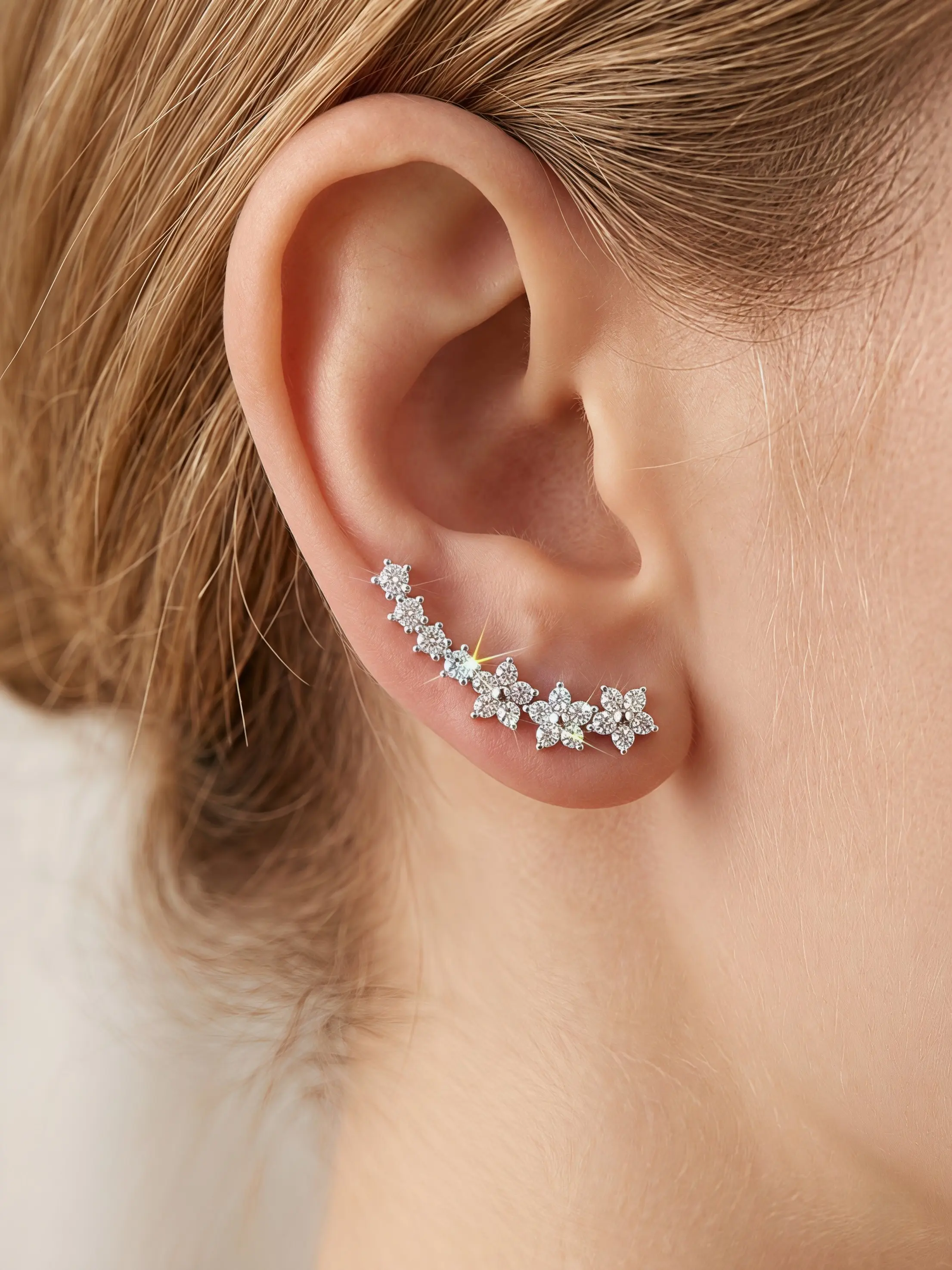 Gold Tone CZ Floral Ear Climber Earrings, Daisy Ear Crawler Earrings for Women, Curved Flower Ear Jewelry, Birthday Gift for Her