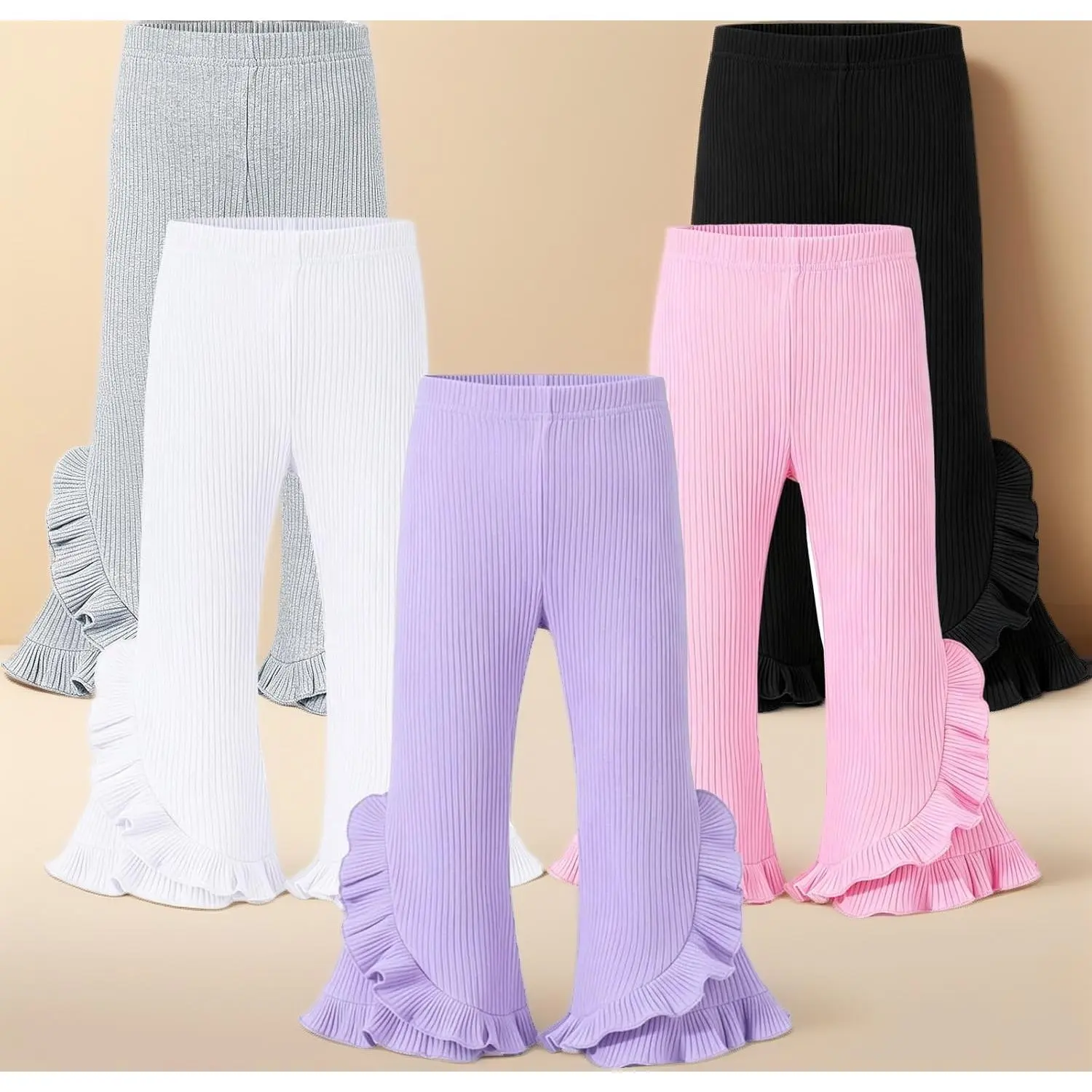 5 Pack Toddler Girls Flared Pants Ribbed Ruffle Bell Leggings |     Soft Stretchy, Cotton, Solid Colors, Elastic Waist, Comfortable, Daily Wear, Playwear, Casual, 0-5 Years