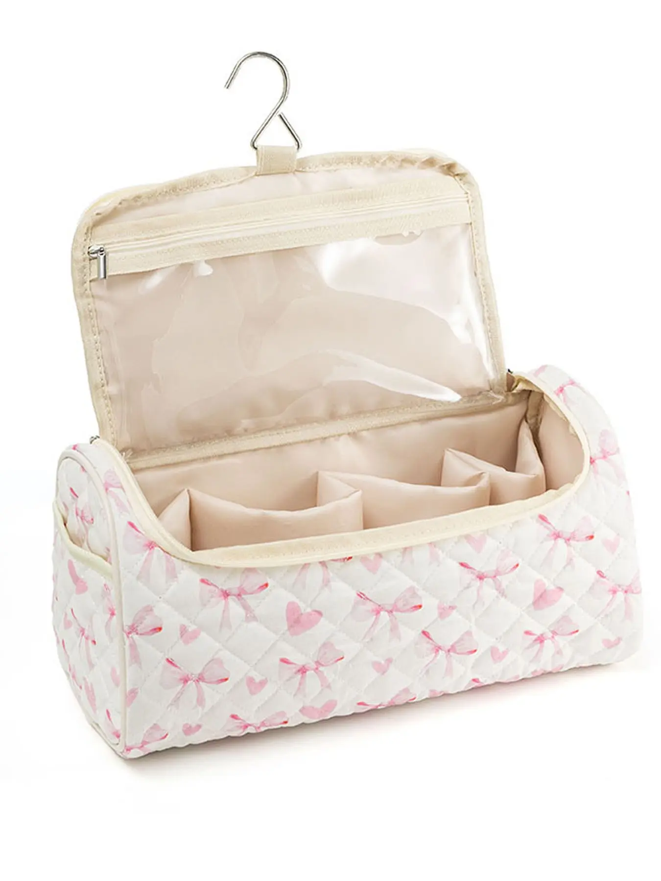 Bow & Heart Print Quilted Hanging Travel Toiletry Bag, Toiletry Pouch, Detachable Metal Hook Divided Cosmetic Organizer Bag, Multi-Compartment Zipper Wash Bag for Vacation Skincare Makeup Storage