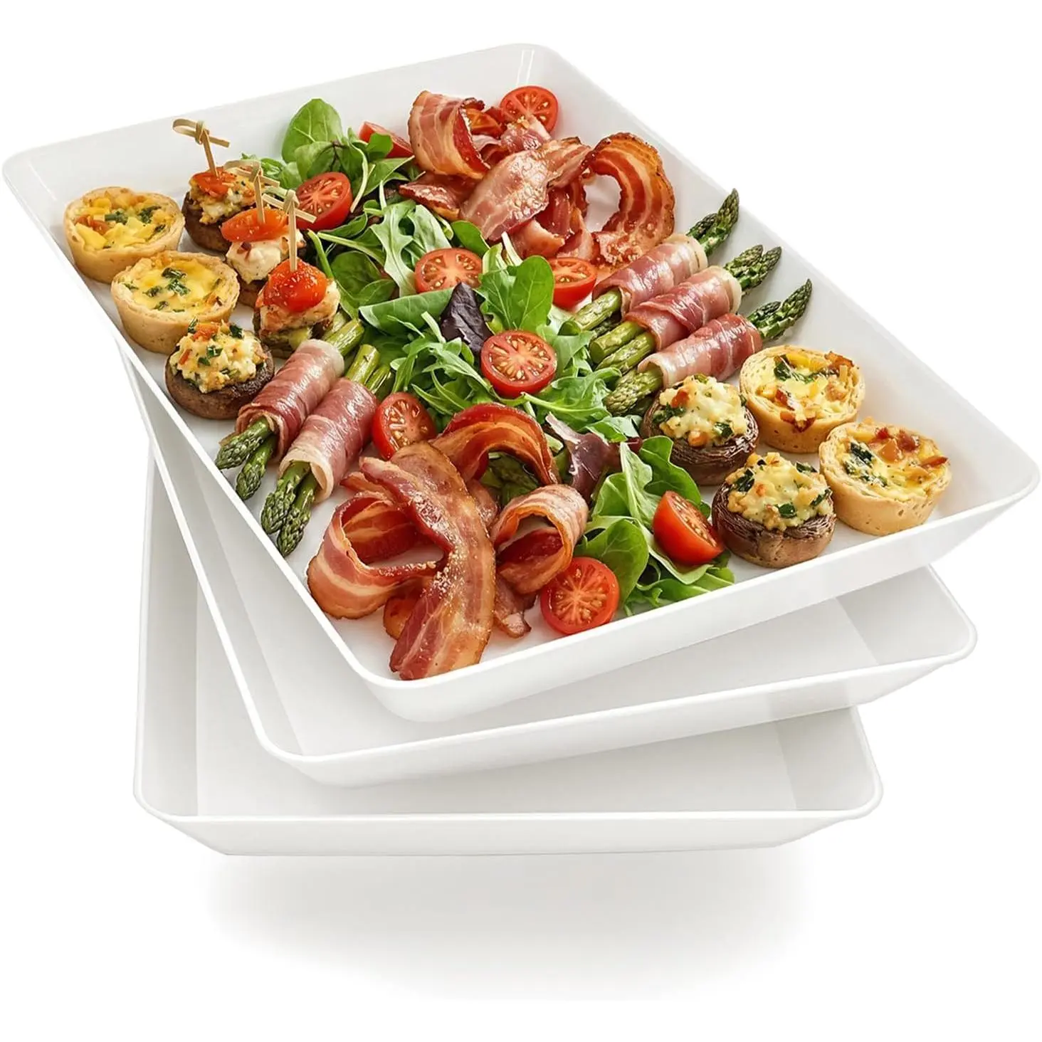 3-Piece Stackable Serving Trays, BPA-Free White Plastic Platters - Shatter-Resistant & Reusable for Outdoor Hiking, Parties, and Casual Picnics, Food & Beverage