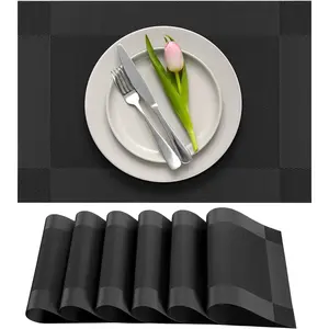 Dining Table Placemats, Washable Heat-Resistant PVC Vinyl Table Mats for Dining Room and Kitchen, Anti-Slip - Set of 6 -Black