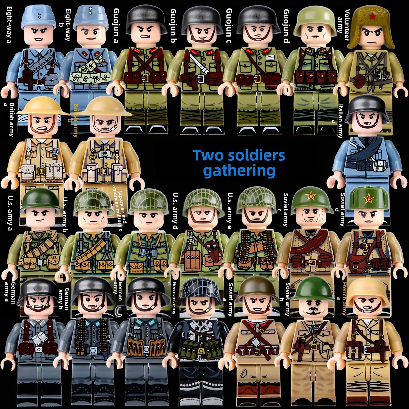 Multi-Nation Vintage Historical Uniform Brick Minifigs Formation Scene Set, Small Interlock Bricks With Complete Scene Decor Accessories, DIY Historical Array Display Collection For History Fans