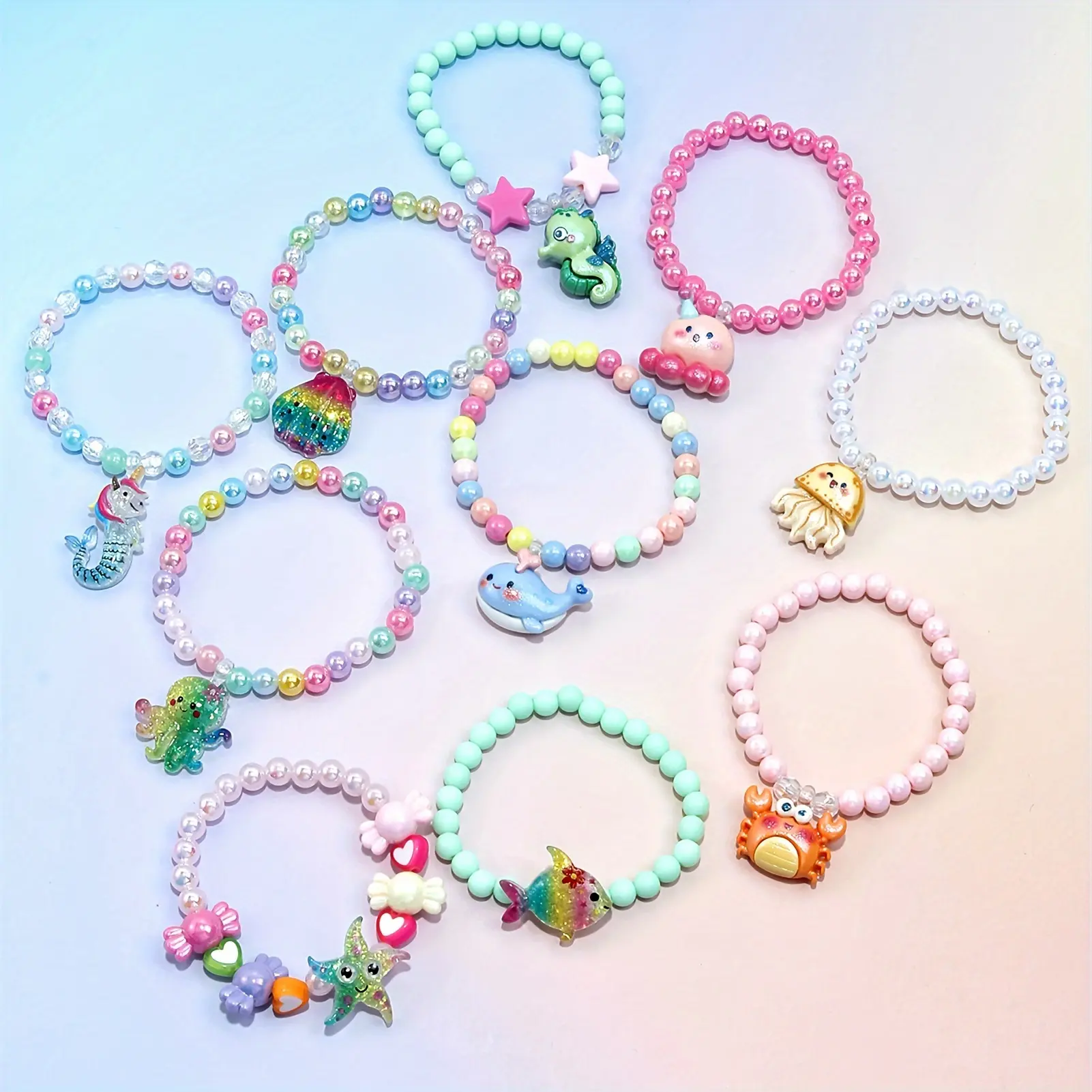 10pcs Kids' Ocean Wonders Beaded Bracelet Set - Colorful Acrylic Sea Creature Jewelry, Ideal Party Favors & Birthday Gifts
