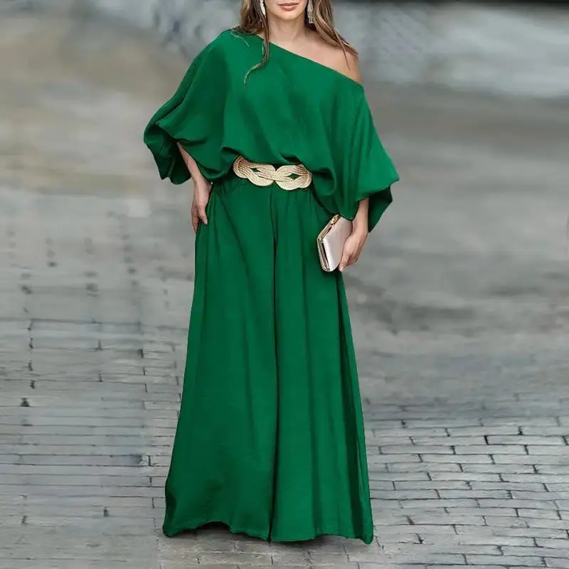 Women’s 2 Piece Pants Set, Asymmetrical Neck Lantern Sleeve Top and Wide Leg Pants, Elegant Wedding Guest Outfit