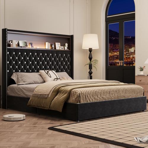 [Bellemave]Full/Queen Size Velvet Tufted Soft Bed Frame with USB Port and Night Light,52'' High Headboard with Rivet Decoration, Wing-back Platform Bed with Headboard Shelf, Black