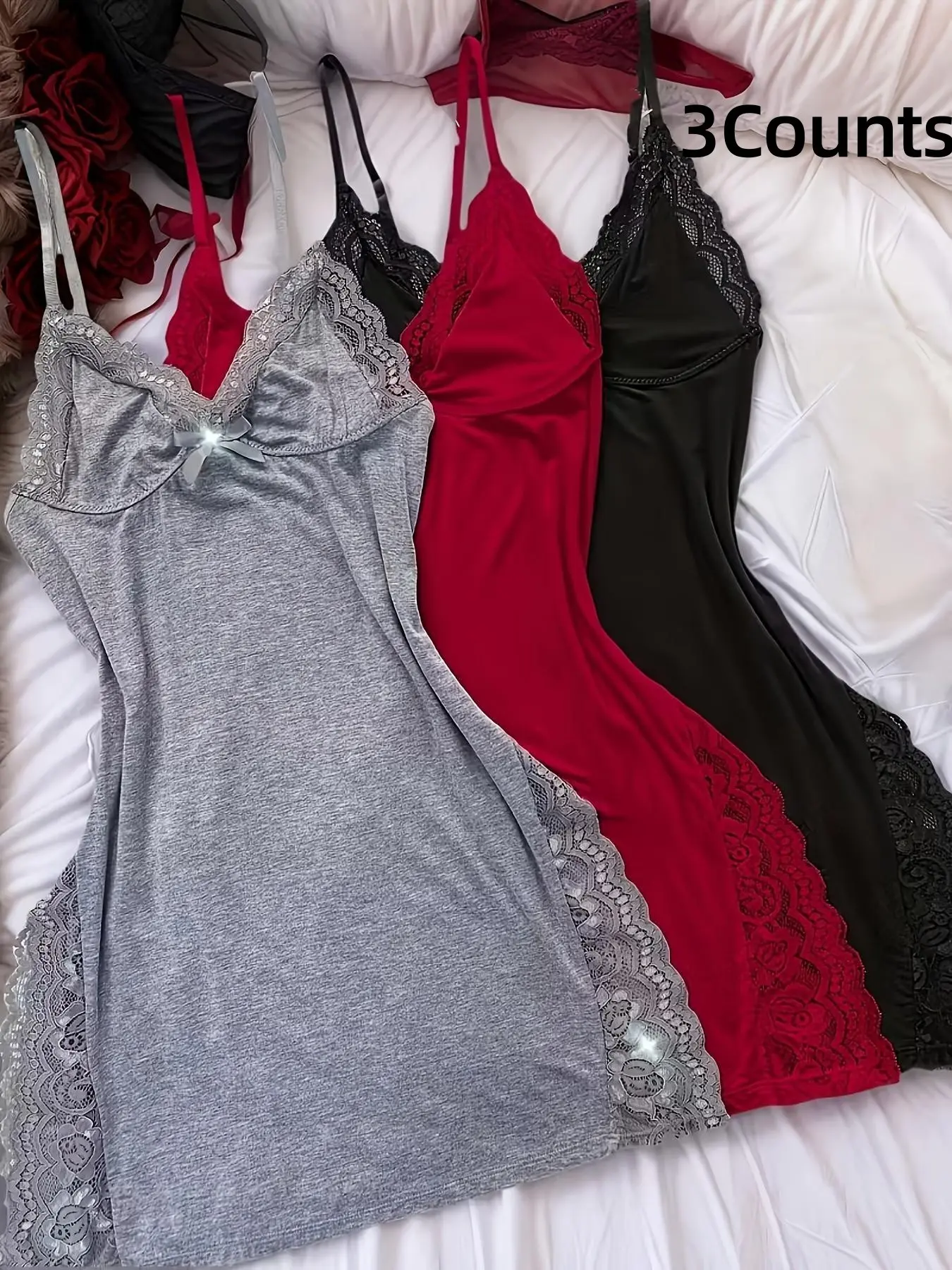 Women's Floral Lace Bow Decor Cami Sleeveless Nightdress, Adjustable Spaghetti Strap Split Thigh Slit Nightgown, Floral Sleepwear Dresses, Comfortable Breathable Sleepwear Loungewear Lace Babydoll Nightwear for Women Homewear