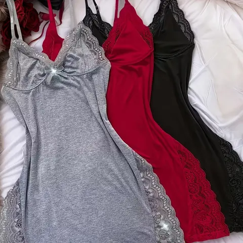 Women's Floral Lace Bow Decor Cami Sleeveless Nightdress, Adjustable Spaghetti Strap Split Thigh Slit Nightgown, Floral Sleepwear Dresses, Comfortable Breathable Sleepwear Loungewear Lace Babydoll Nightwear for Women Homewear