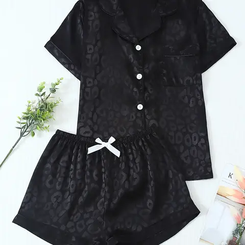 Women's 2-Piece Satin Leopard Print Pajama Set, Collared Short Sleeve Top with Pockets, Bow Shorts, Casual Home Wear, Loungewear, Nightwear, Pyjamas, Nightwear Pjs