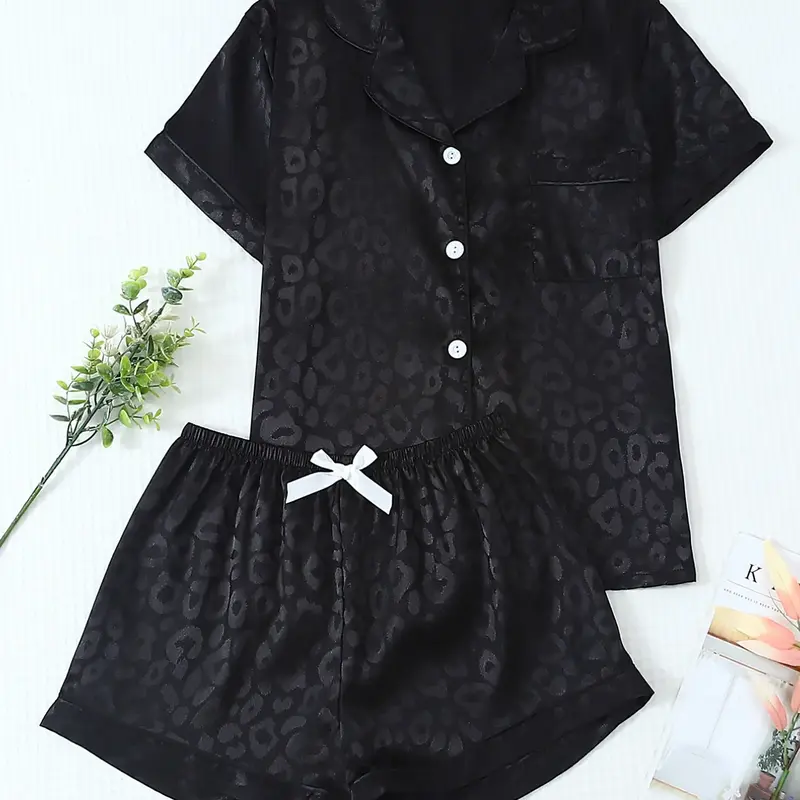 Women's 2-Piece Satin Leopard Print Pajama Set, Collared Short Sleeve Top with Pockets, Bow Shorts, Casual Home Wear, Loungewear, Nightwear, Pyjamas, Nightwear Pjs