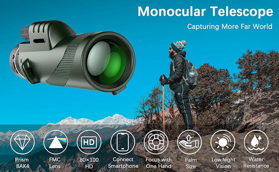 STANDARD GOODS 80x100 Monocular-Telescope High Powered Monocular for Adults Monocular for Smartphone Adapter Monocular Telescope Hunting Wildlife Bird Watching Travel Camping Hiking