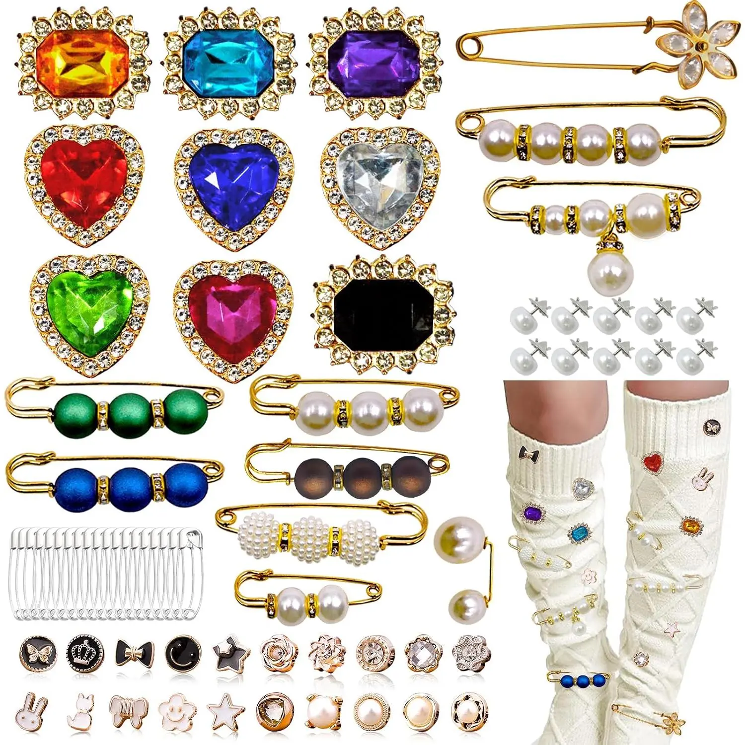 Junk Sock Charms Kit - 68 count Bling Charms for Socks -  Brooches and Pins for Women - Shoe Charms for Sneakers - Diy Decorative Safety Pin Bulk for Clothing,Shoe & Hat Pin Accessories ()