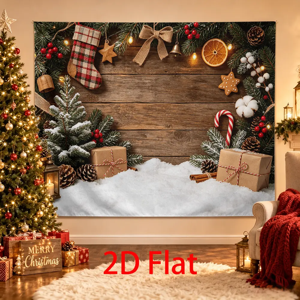 Rustic Farmhouse Christmas Backdrop, Wood Photography Background with Plaid Stocking, Burlap Bow, Pinecones, Candy Cane and G