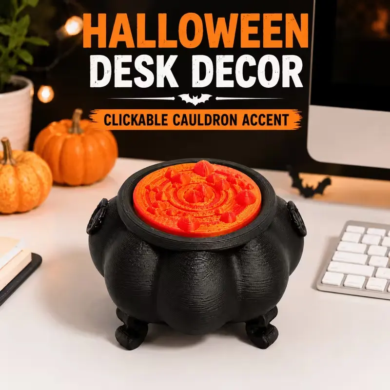 Witch Cauldron Figurine & 3D Printed Pot, Whimsical Halloween Home Decor with Orange Textured Lid, Black Collectibles & Whimsical Gifts for Desk