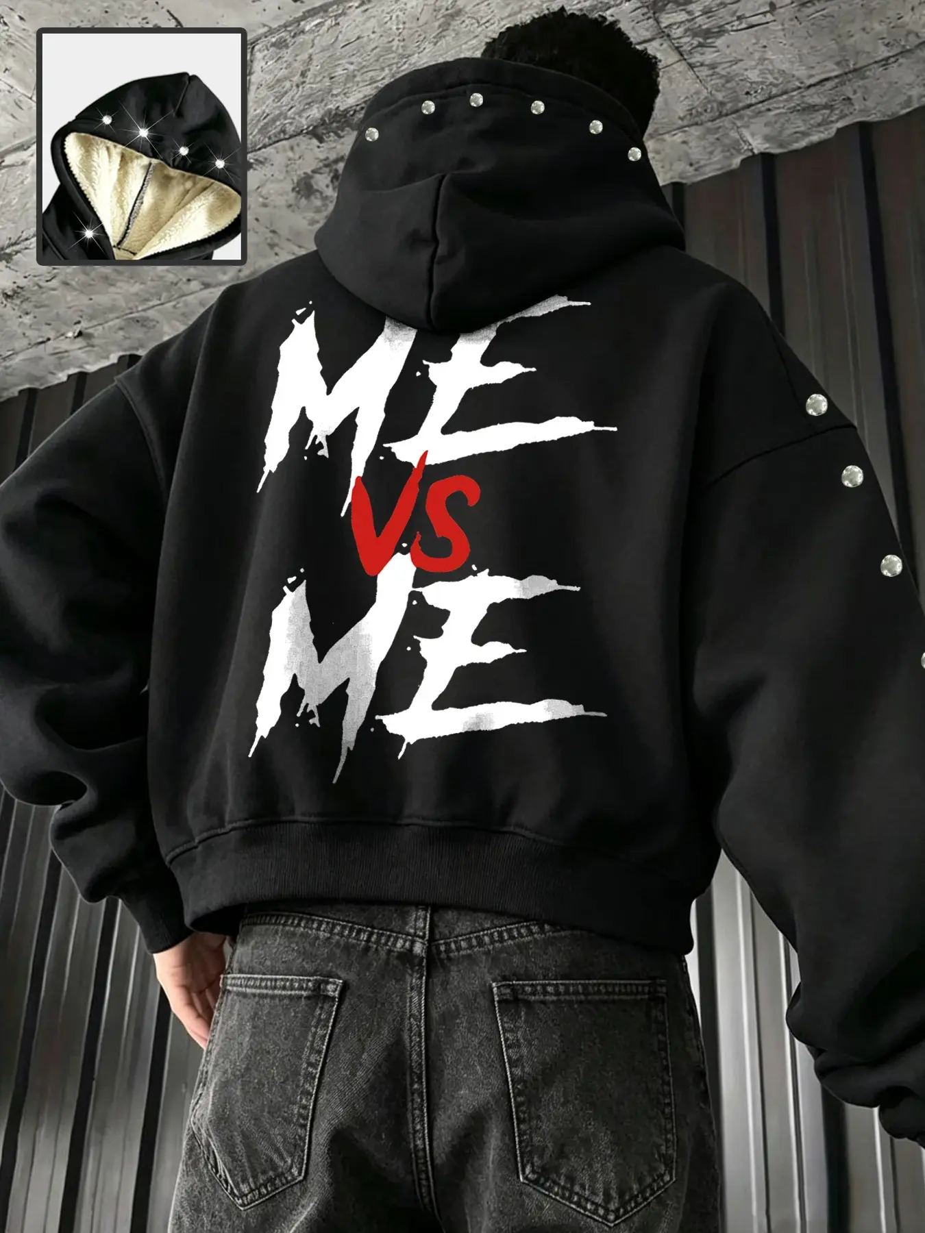 Men's Rivet Decorated Fleece Lined Short Hoodie, Back 'me Vs Me' Letter Print, Metal Rivets Long Sleeve, Y2K Street Style, Fall Winter Warm Jacket