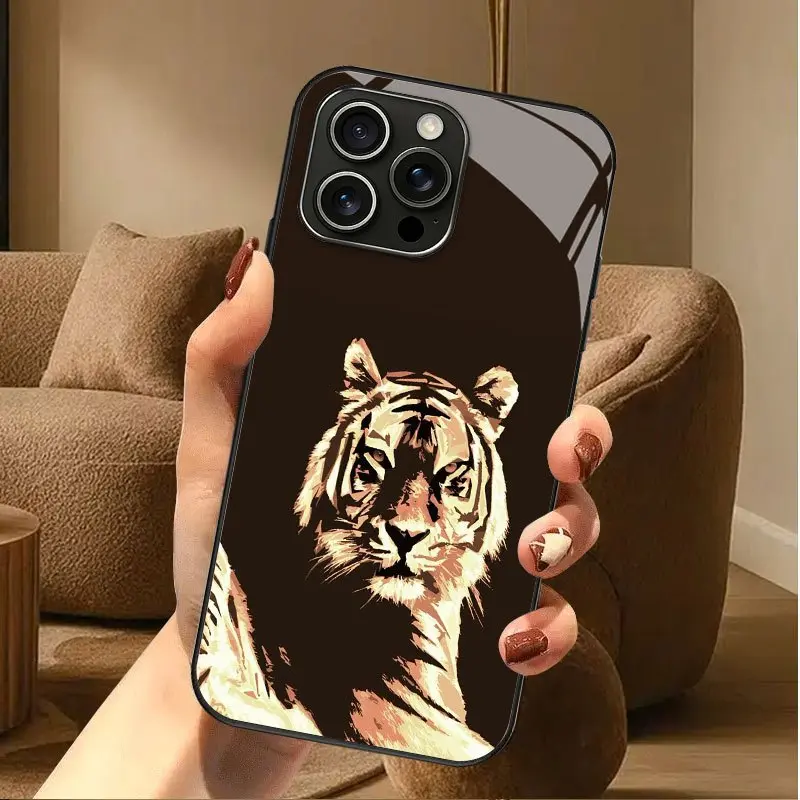 Tempered Glass Phone Case, Dark Brown Background with Golden Tiger High-End Illustration, fits ios, iphone series, multi-model for iPhone 17 Air, 16, 15 Pro Max, 14 Plus, 13, 12, 11