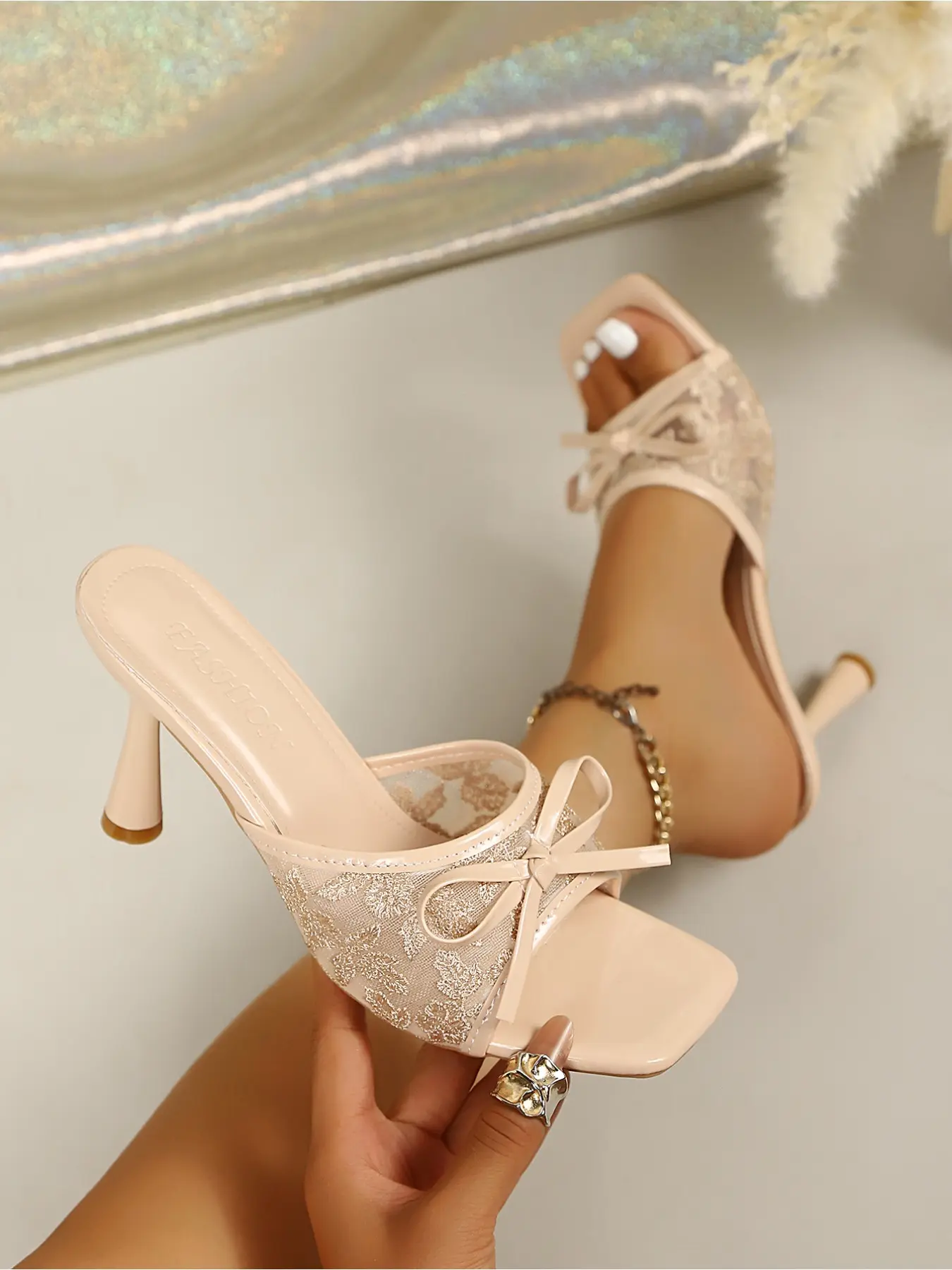 Women EU Size Lace Floral Bow Thin Heel Slide Sandals, Square Open Toe Elegant Slip On High Heel Mules For Outdoor Wear