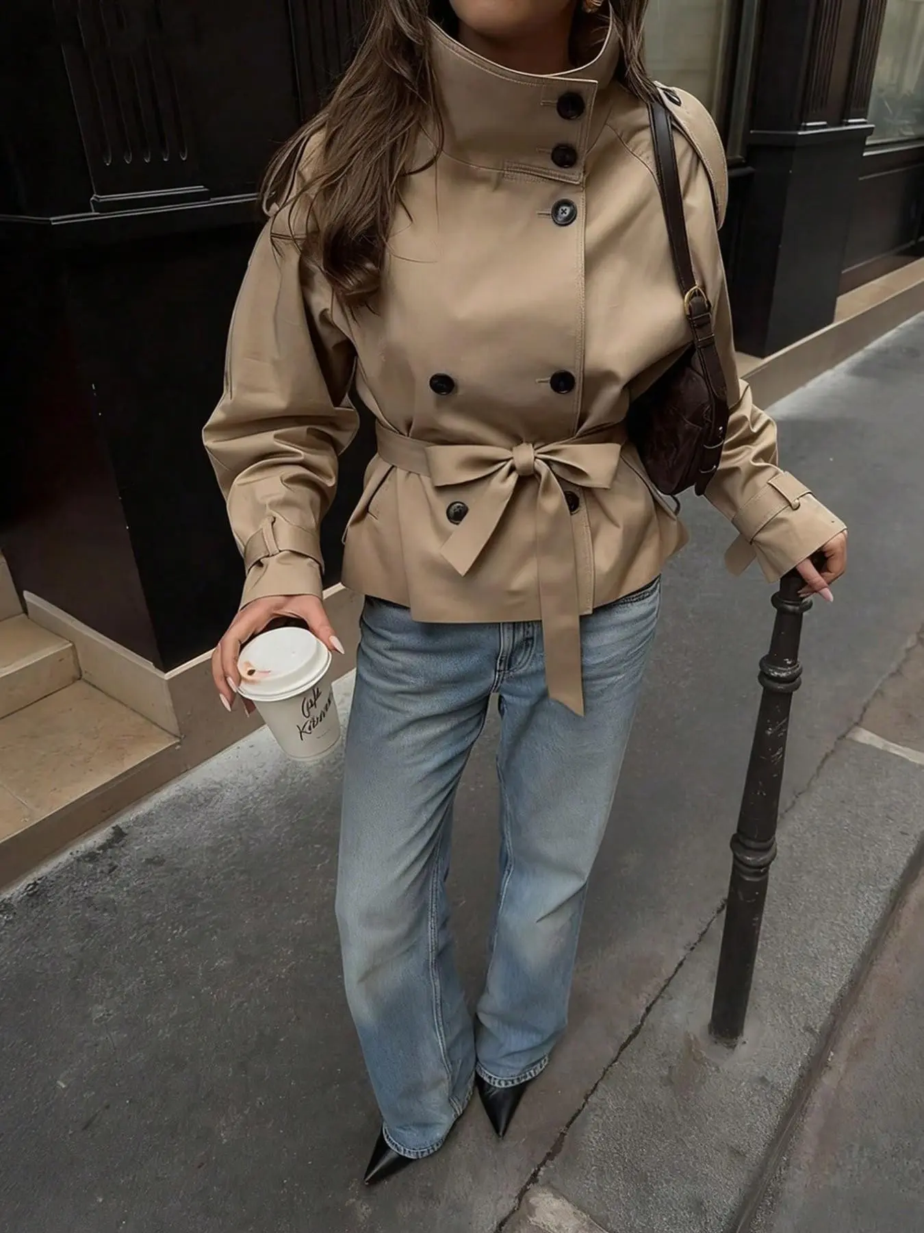 Women's Autumn Loose Short High Neck Casual Coat, Belted Short Jacket, Vintage Style, Comfortable and Stylish