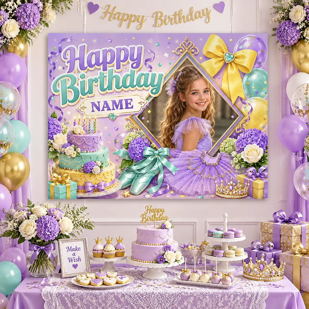 Custom Photo & Name Birthday Backdrop, Lavender Ballerina Hydrangea Bow Cake Gifts Floral Ballet Party Photo Booth Decor