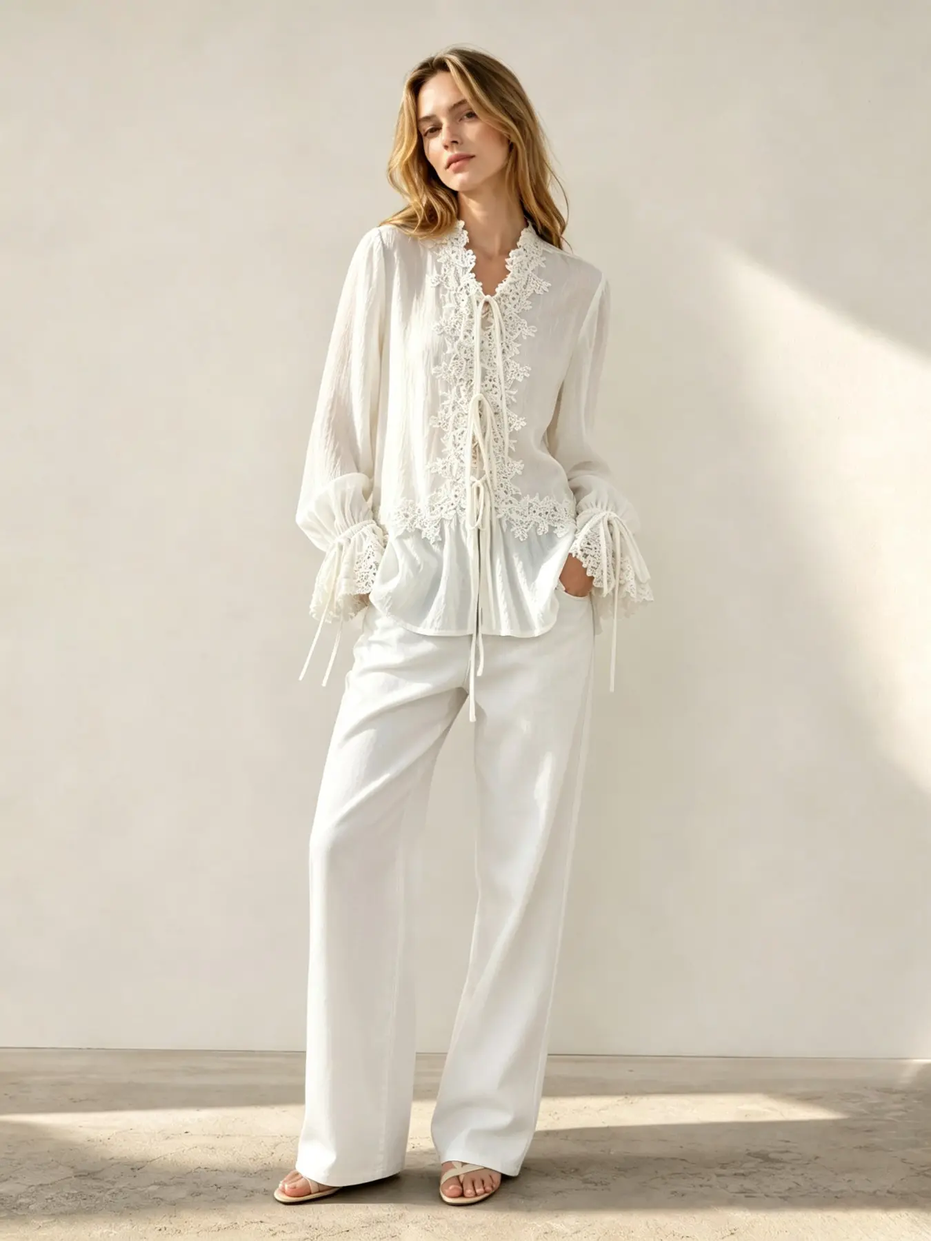 Elegant French Lace Chiffon Loose Top, Drawstring Ruffle Long Sleeve, Deep V Neck, Beach Vacation Overshirt, Floral Embellished, Rice