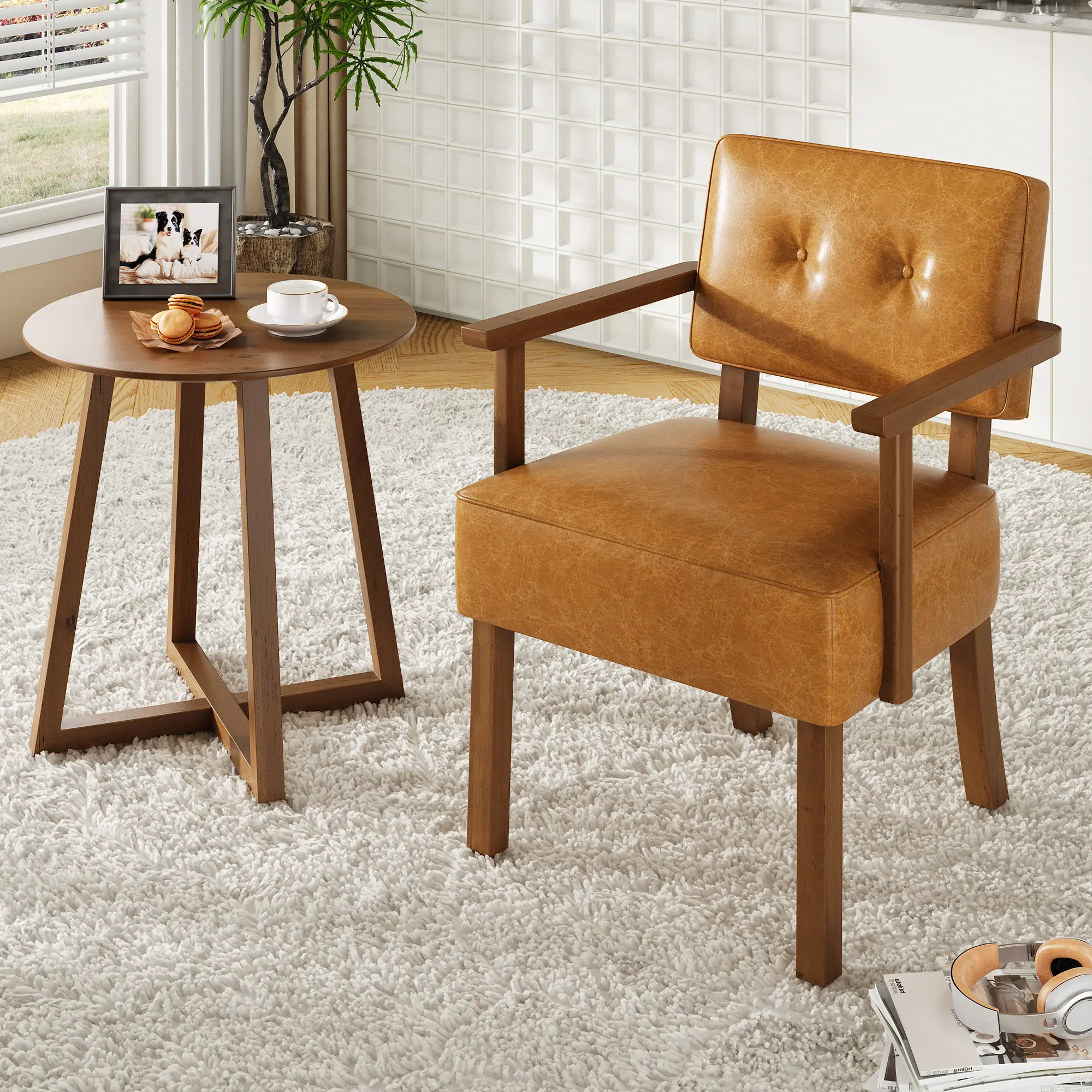 Modern Dining Accent Chair – Wood Frame, Vertical Stripe Upholstery, Faux Leather or Linen – Mid-Century Comfortable Reading & Leisure Armchair for Living Room, Bedroom, Balcony – Brown/Grey/Beige/Black