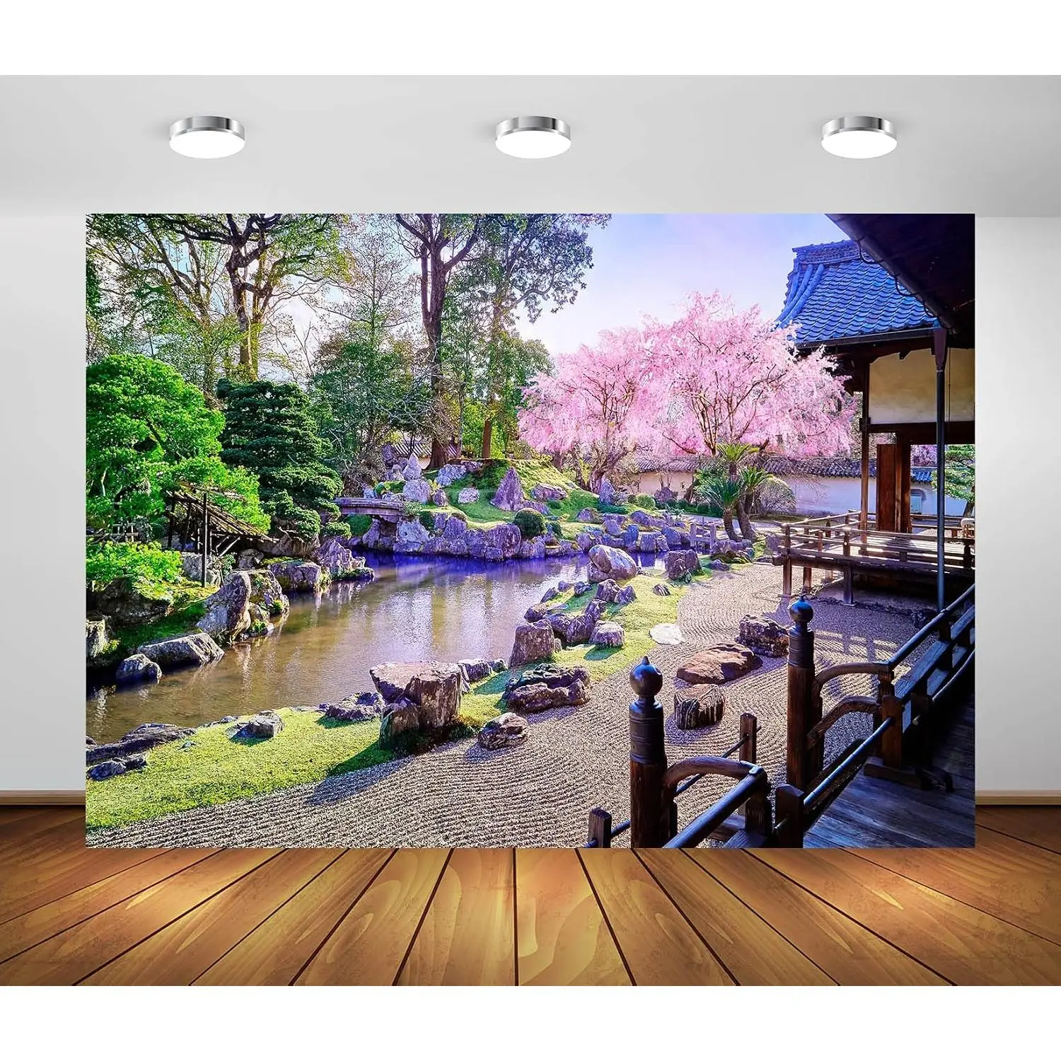 7x5ft Fabric  Garden Backdrop  Blooming Cherry   Trees Garden Courtyard River Spring Scenery Background  Party Decorations Photo Studio Props