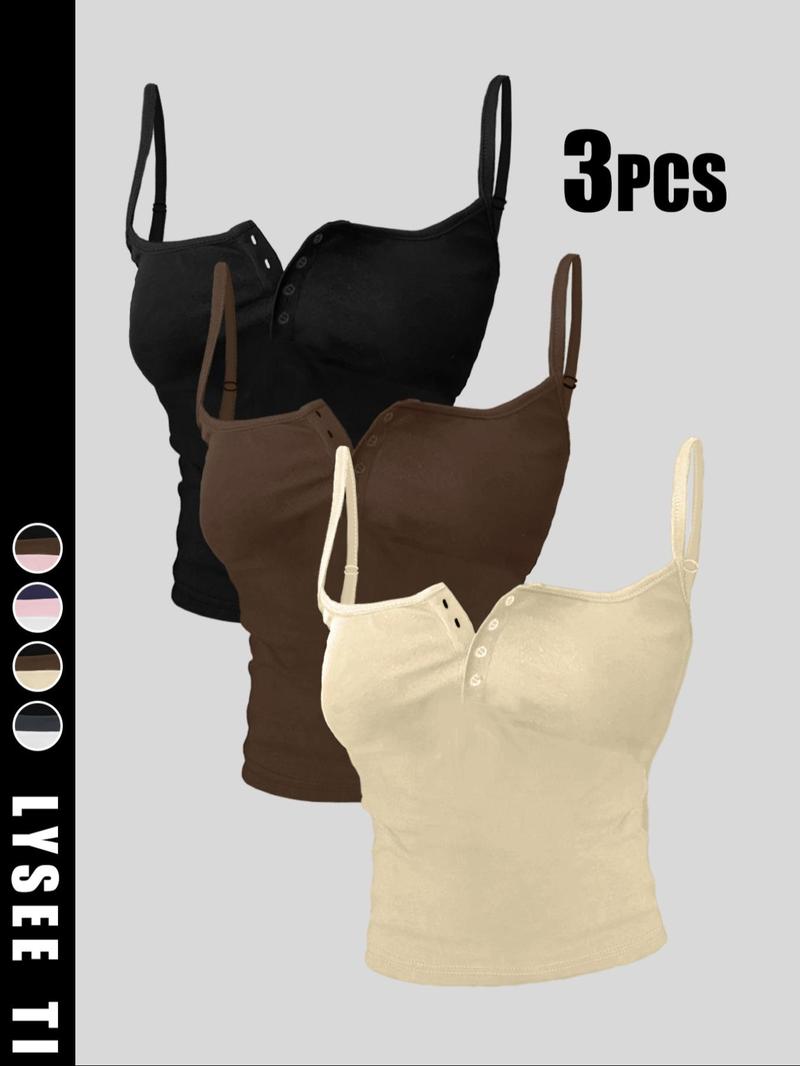 26 Valentine's Day 3pcs Women's Casual Fashion Sports Multi Button Round Neck Solid Color Strap Top Mixed Three Piece Set