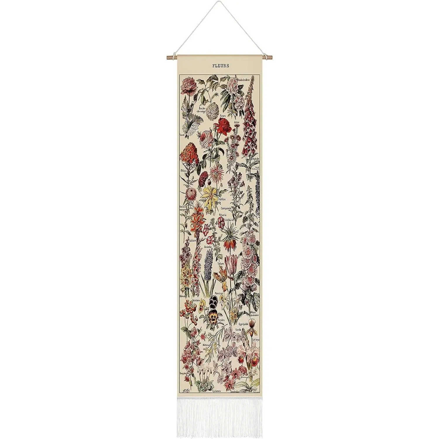 Tegeme Vintage Flower Tapestry, 52 x 13 Inch Long Vertical Botanical Tassel Wall Hanging Tapestry for Bedroom Living Room Home Decoration
