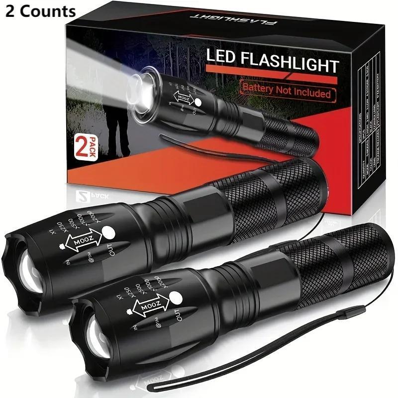 LED Flashlight, 2 Counts Waterproof Zoomable Flashlight, 5 Modes Adjustable Tactical Flashlight, Outdoor Camping Emergency Lighting