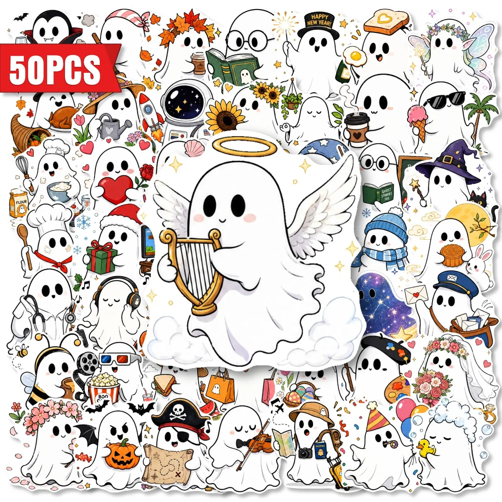 50pcs Halloween Ghost DIY Stickers, Cute Cartoon PP Stickers for Water Bottles, Skateboards, Laptops, Gift Wrapping, Home Decor