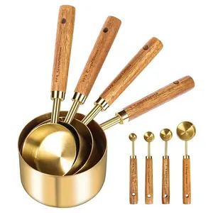 4 Piece/8 Piece Measuring Cups and Spoons, High-Quality Maple Wood Handle, Metric Measurements, Stainless Steel, Perfect for Cooking & Baking