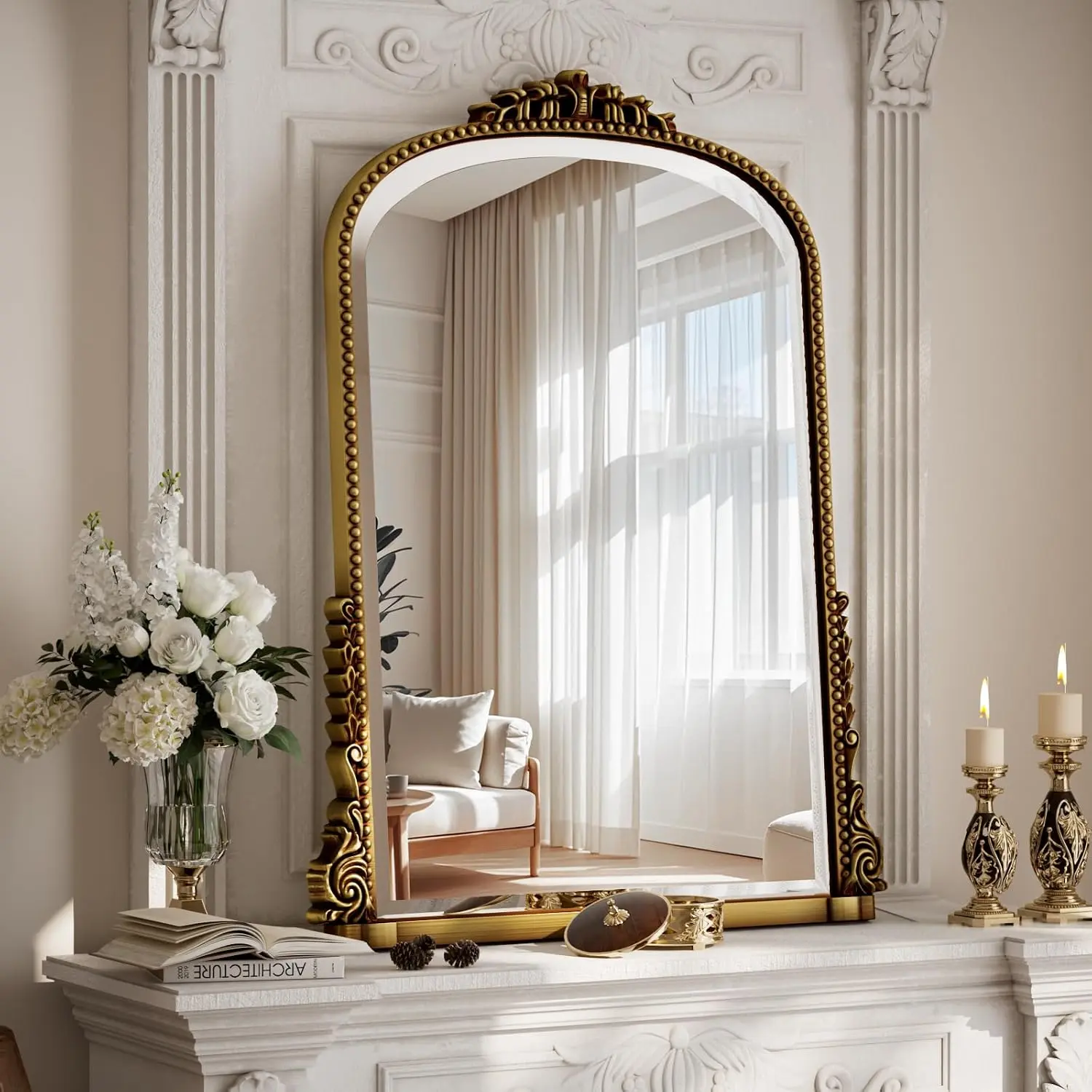 24"×32"  Arched Wall Mirror with  Carving | Bathroom  Makeup Mirror, as Wall Decor  Leaning for Fireplace Mantle, Living Room, Bedroom,  Area