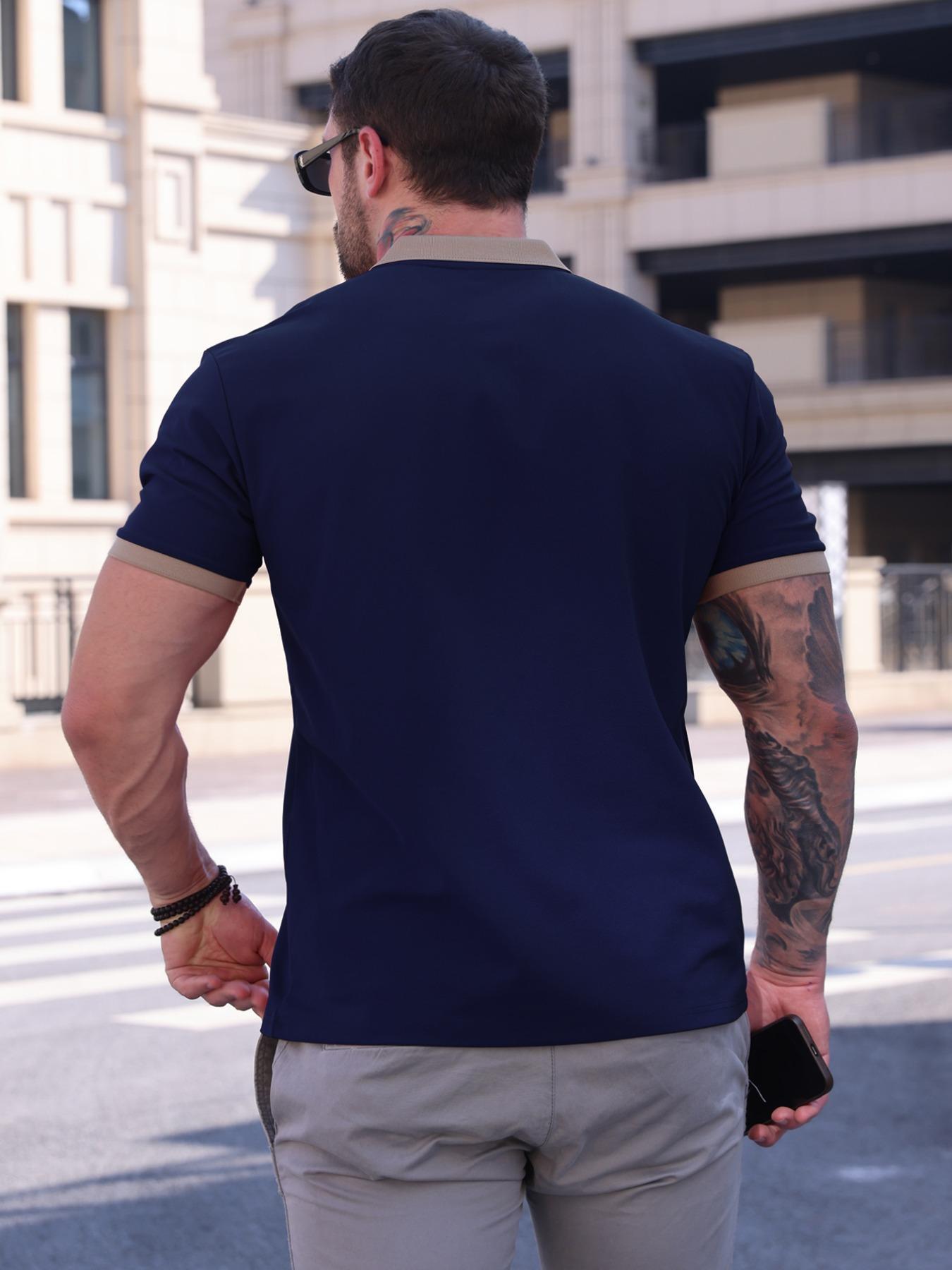 Men's Colorblock Print Contrast Trim Button Down Polo Shirt, Regular Fit Casual Short Sleeve Collared Top for Summer, Fashion Men's Clothes for Daily Wear