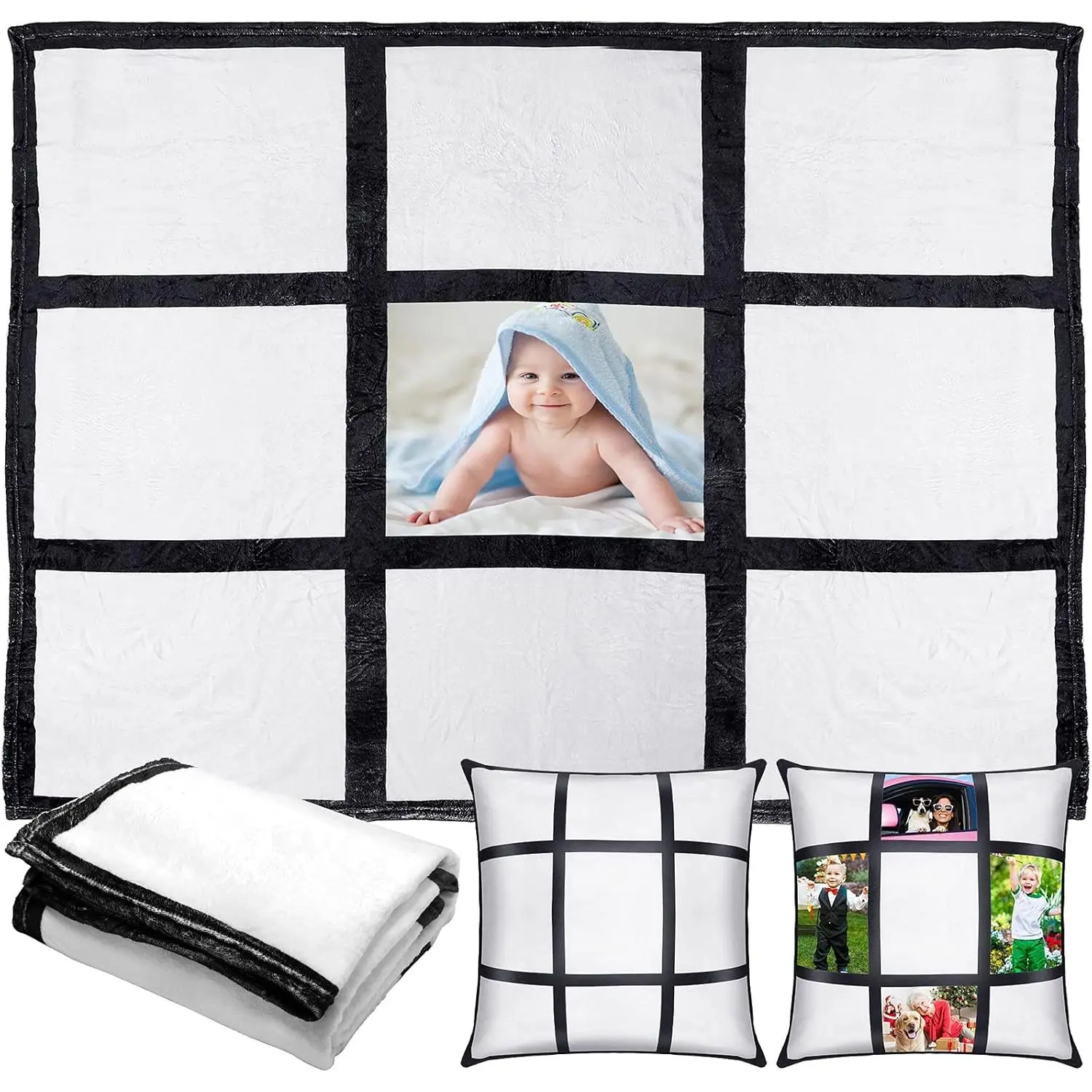 1 Pack Sublimation Blanket Blanks 60"x50" Flannel Throw Blankets for Heat Press and 2 count Blank Pillow Cases Personalized Custom Photo Blanket with 9 Printable Panels Blankets Pillow Cover