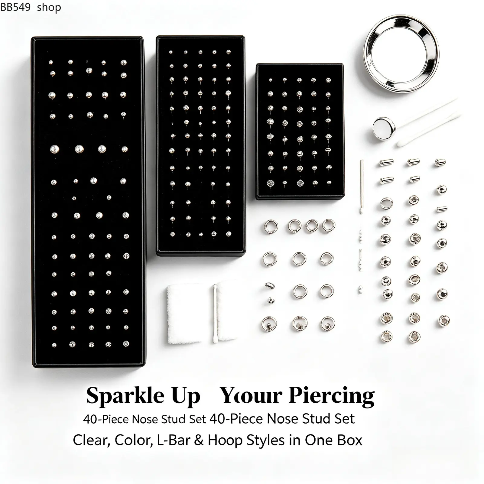 60PCS Stainless Steel Body Piercing Jewelry Set, Rhinestone Nose Rings & Lip Studs with Mixed Sizes and Shiny Designs, Trendy Body Accessories for Women, Daily Wear, Parties & Festivals