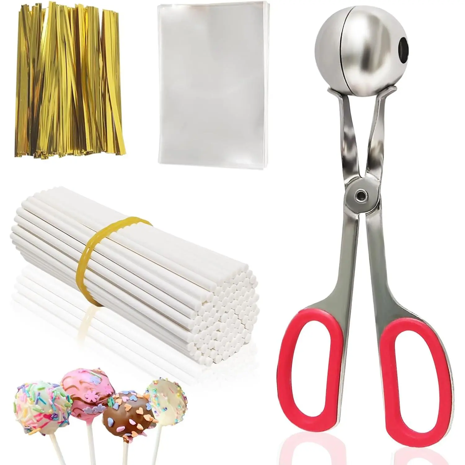Cake sticks and wrapping paper, cake stick making kit, cake stick making tools| The candies and chocolates include 100 cake lollipop bags, lollipop sticks and gold metallic twist ties, as well as a meatball maker with a handle