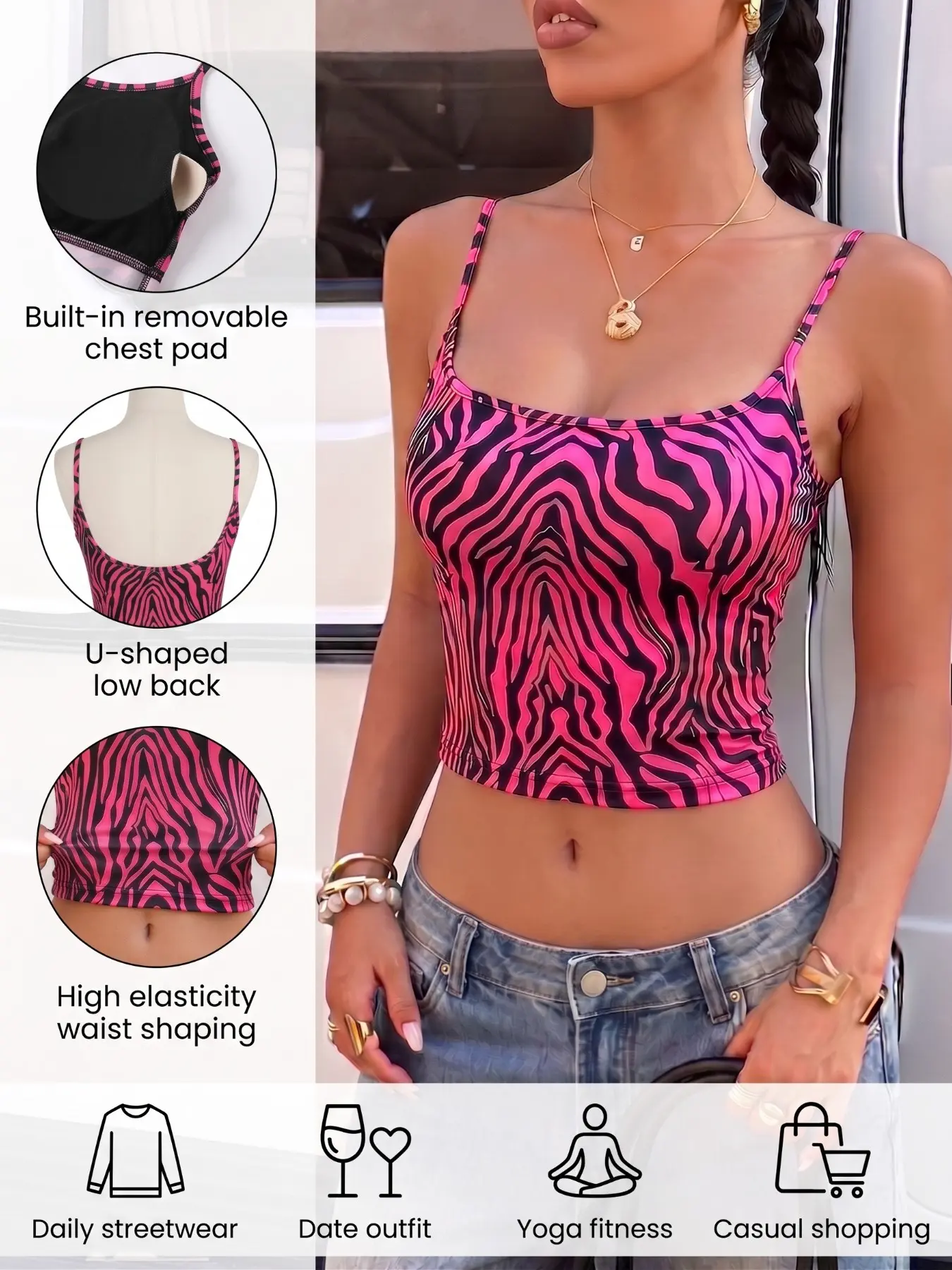 Women's Pink Zebra Print U Low Back Spaghetti Strap Crop Cami with Removable Pads, Y2K Sport Streetwear, Feminine High Elastic Shaping Slim Tank for Yoga, Date & Daily Shopping, 2026 Trendy Women's Summer Fitness Essential Top