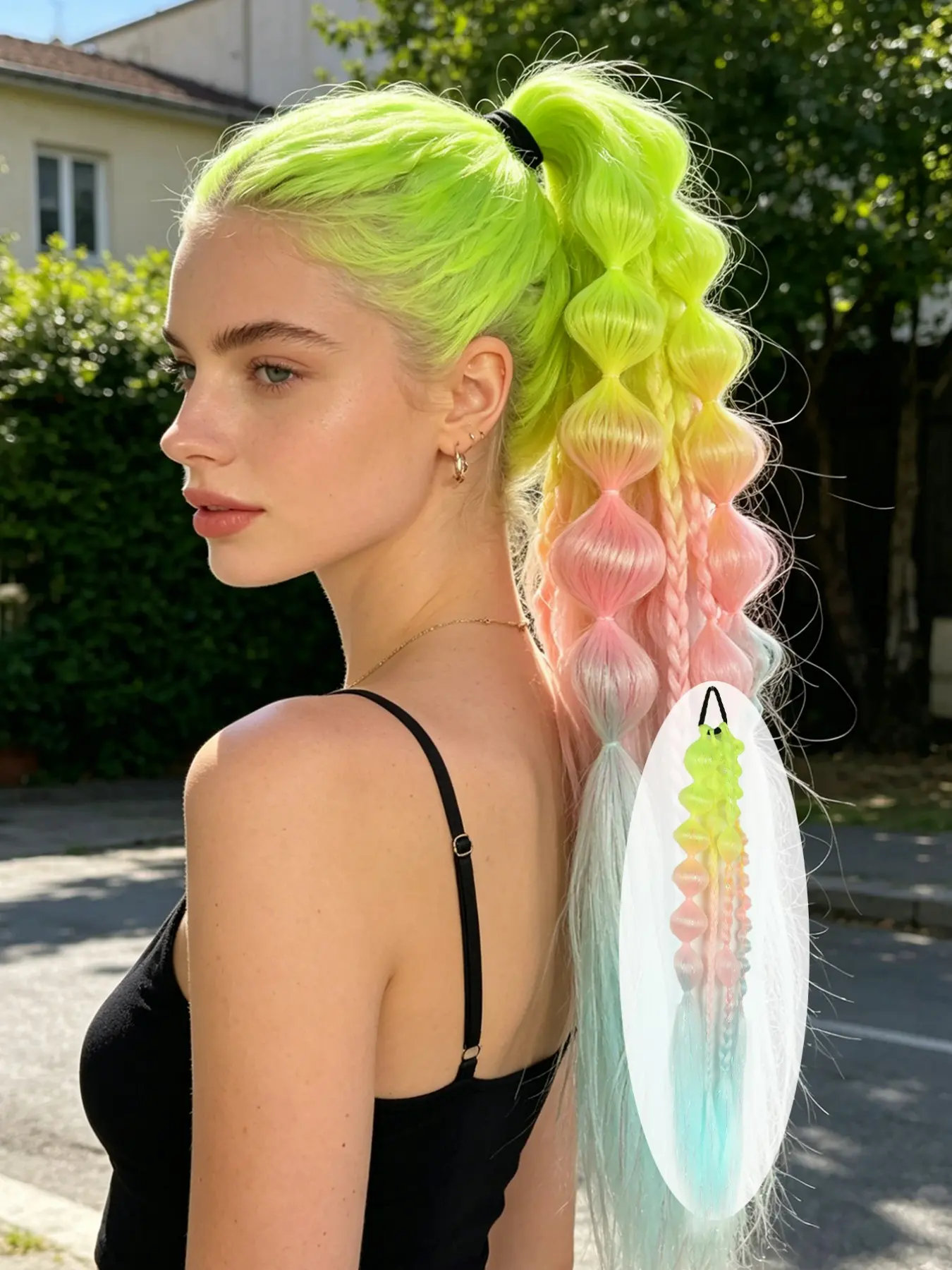 1pc Sparkling Glitter Synthetic Hair Multicolor Braided Ponytail + Bubble Ponytail Hair Bundle For Women, Y2K Style Ponytail, 22 Inch Wrap Around Voluminous Curly Ponytail, Curly Braided Straight Texture Hairband Ponytail Hair Bundle