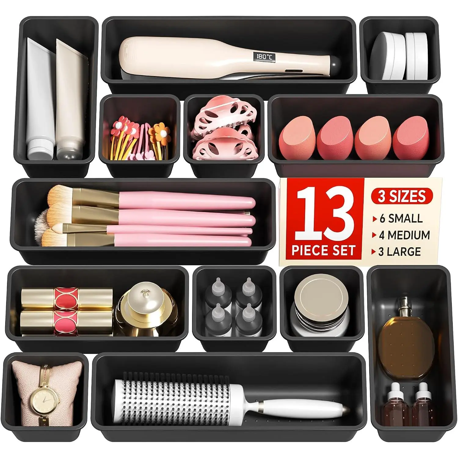 13 Pack Plastic Drawer Organizers Set, 3 Sizes Desk Drawer Organizer Trays for  and Makeup Organizer, Organization and Storage for Makeup, Kitchen Utensils, Bathroom and Office(Black)
