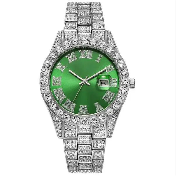 Iced-Out Roman Watch - 43mm×43mm, Silver & Green