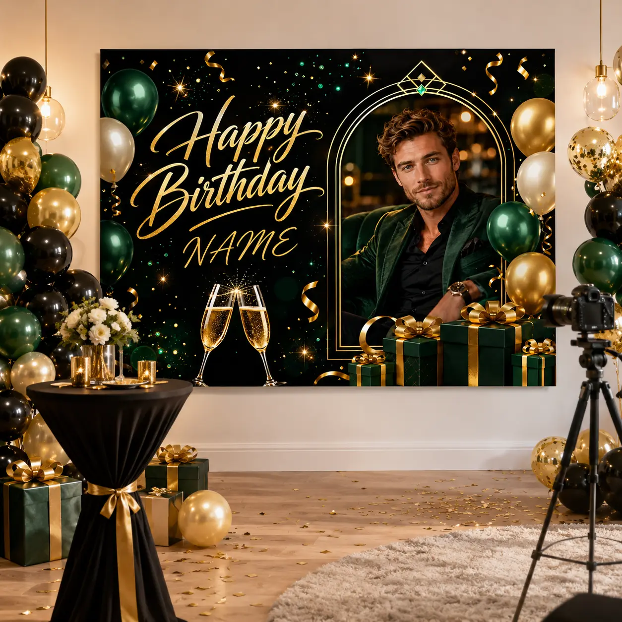 Personalized Black Gold Birthday Backdrop with Custom Photo & Name, Elegant Green Balloon Party Banner, Luxury Birthday Photo Booth Background, Adult Birthday Party Decorations