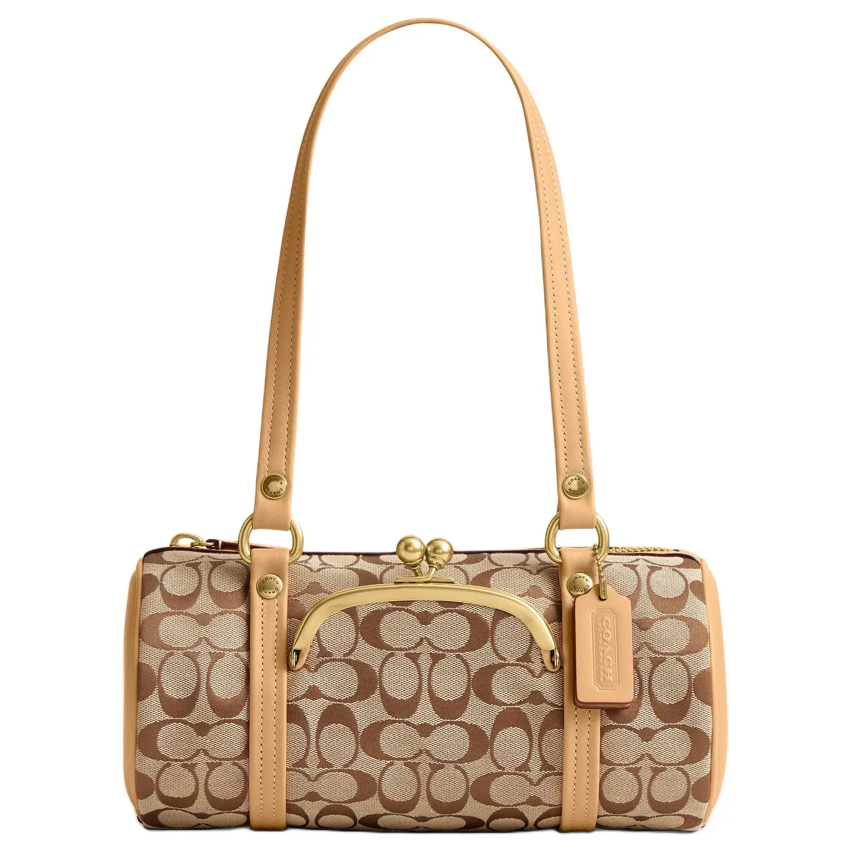 COACH Kisslock Barrel 28 Crossbody Bag for Women, Vintage Style, Khaki Fabric and Leather